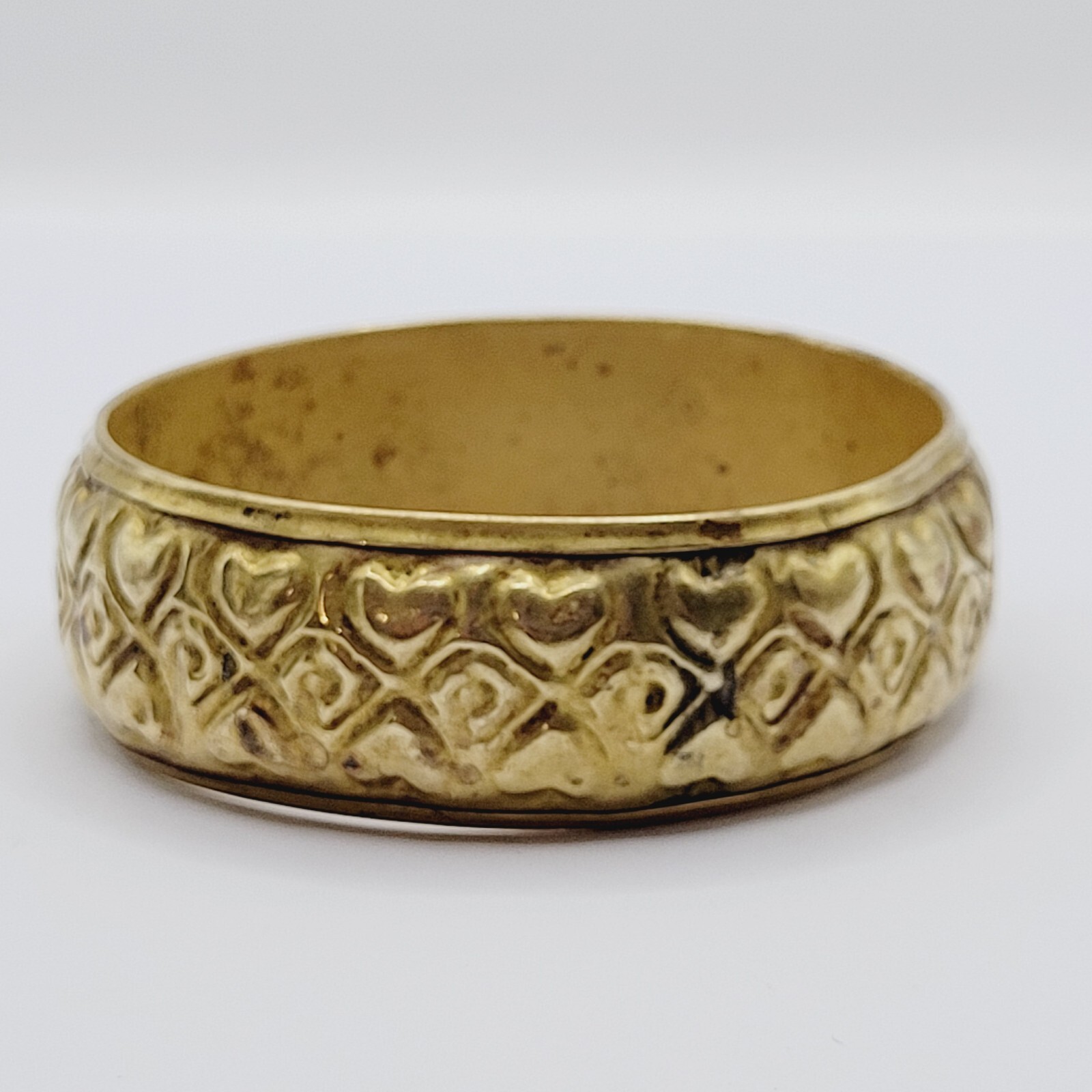 Wide Brass Chunky Bangle Embossed Heart Pattern Vintage Bracelet 8 Inch Approx