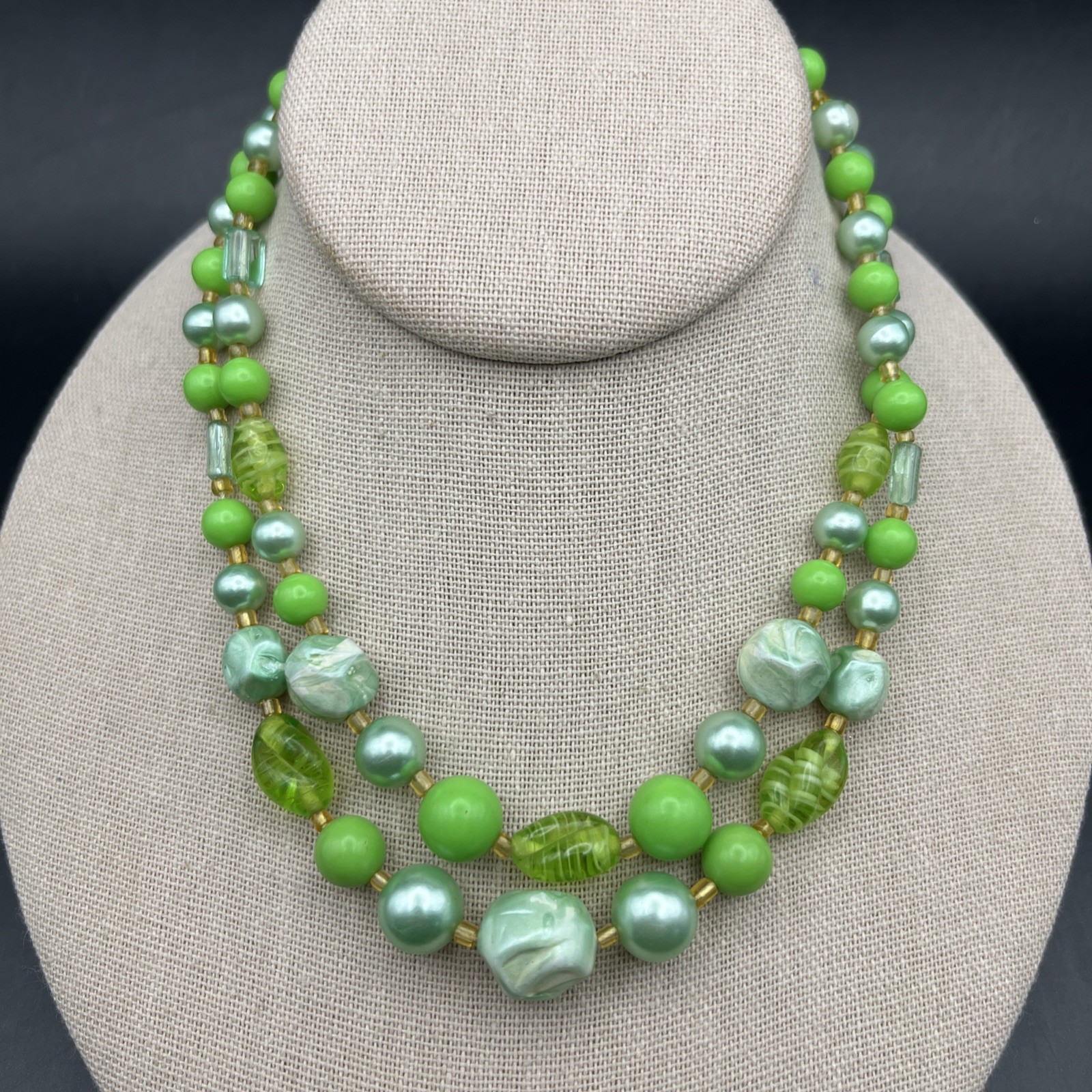 Vintage Green Multi Strand Collar Necklace Faux Pearl Art Glass Japan Layered
