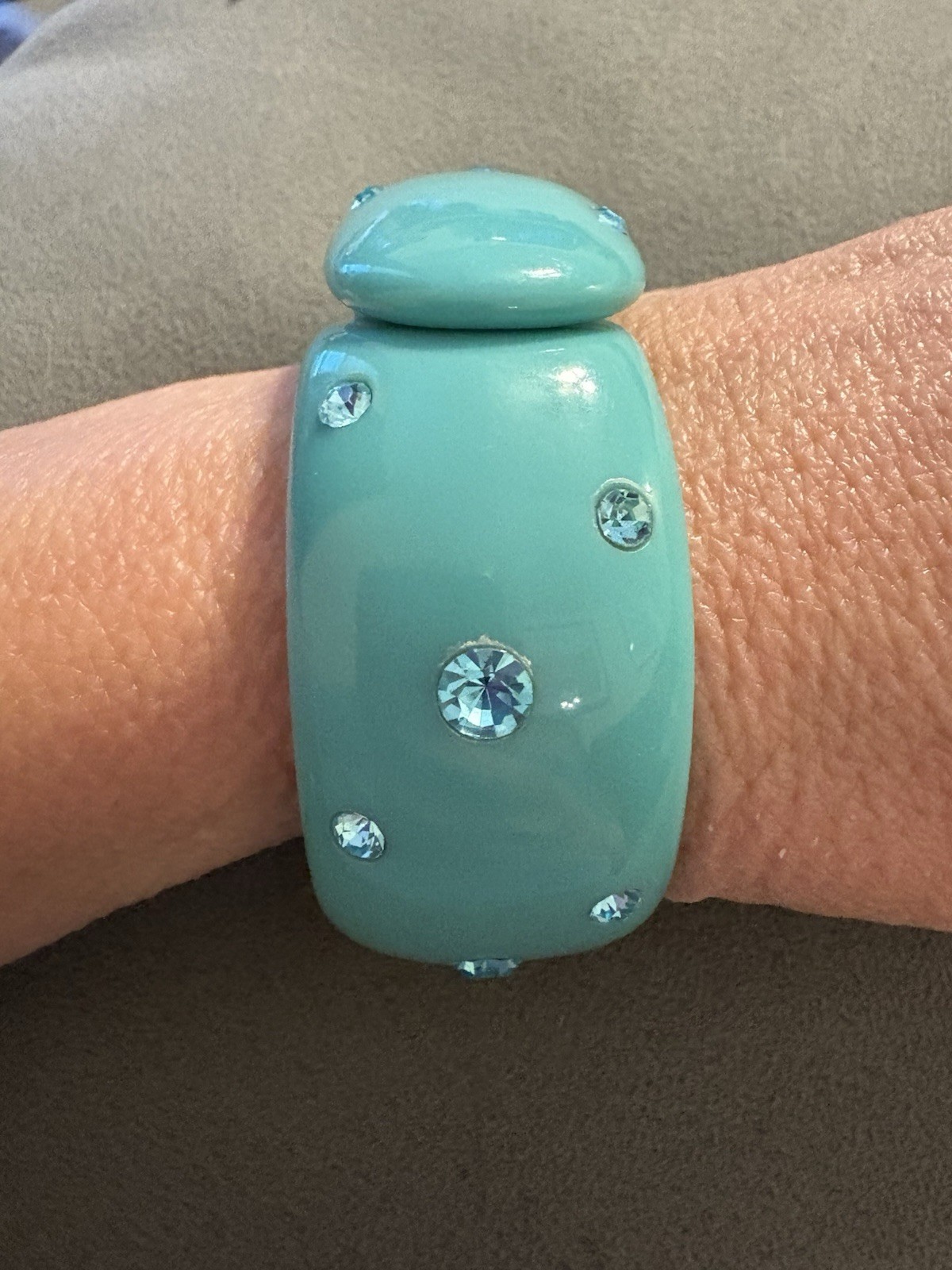 Vintage Light Teal And Rhinestone Lucite Clamper Bangle Cuff Bracelet