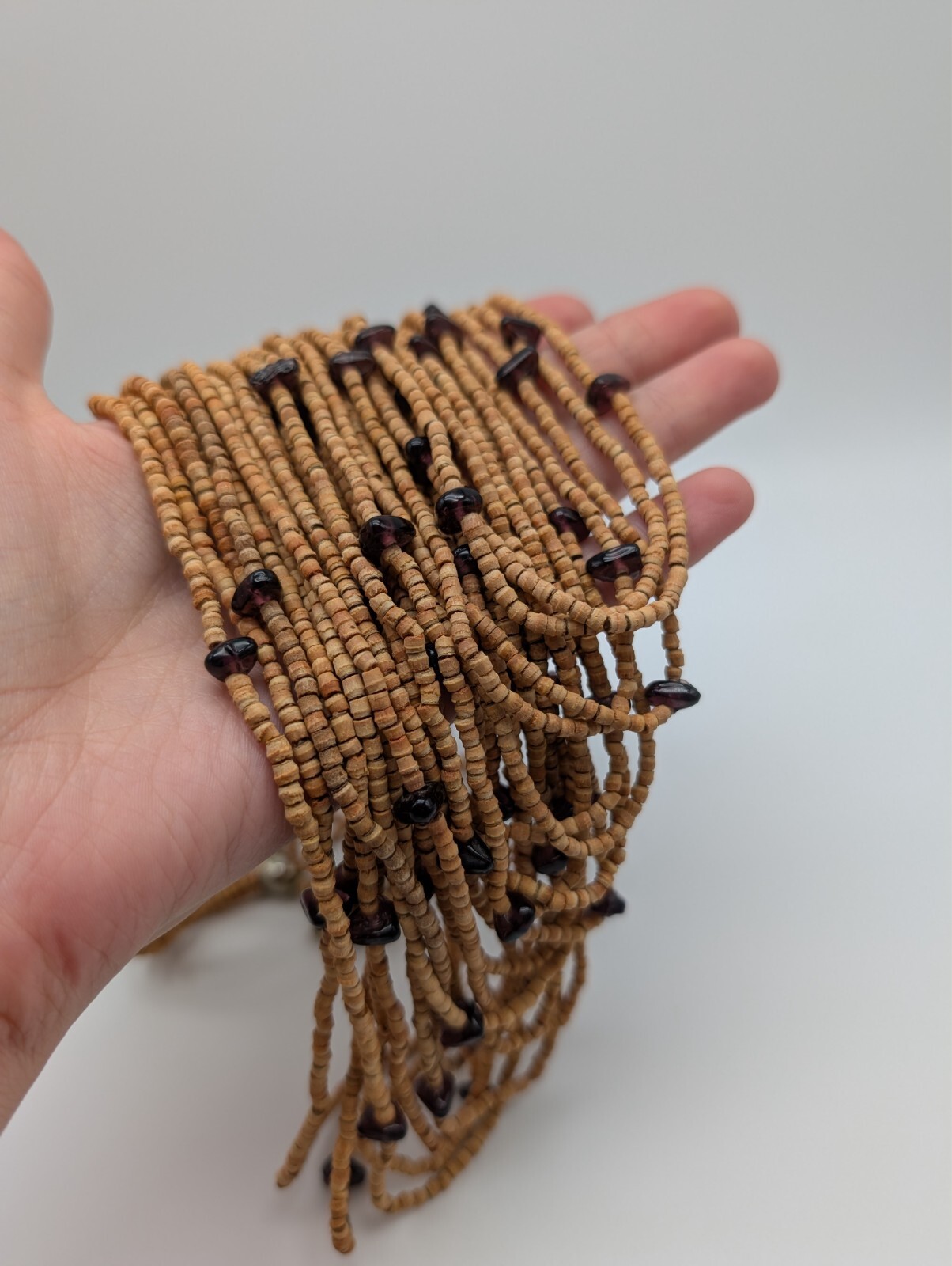 Vintage Boho Multi Strand Wooden Cork Purple Glass Beaded Statement Necklace