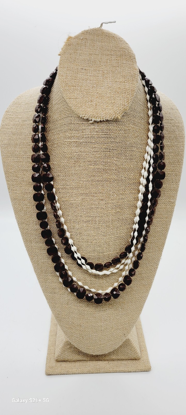 White & Brown plastic beaded Long Necklace 50 in Vintage ART DECO