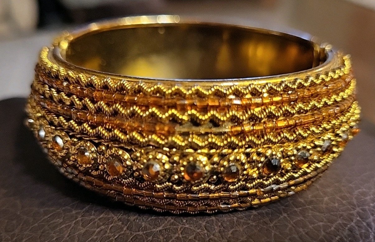 1990’s Vtge Jeweled and Beaded Cuff Bracelet with Spring Hinge In Good Condition