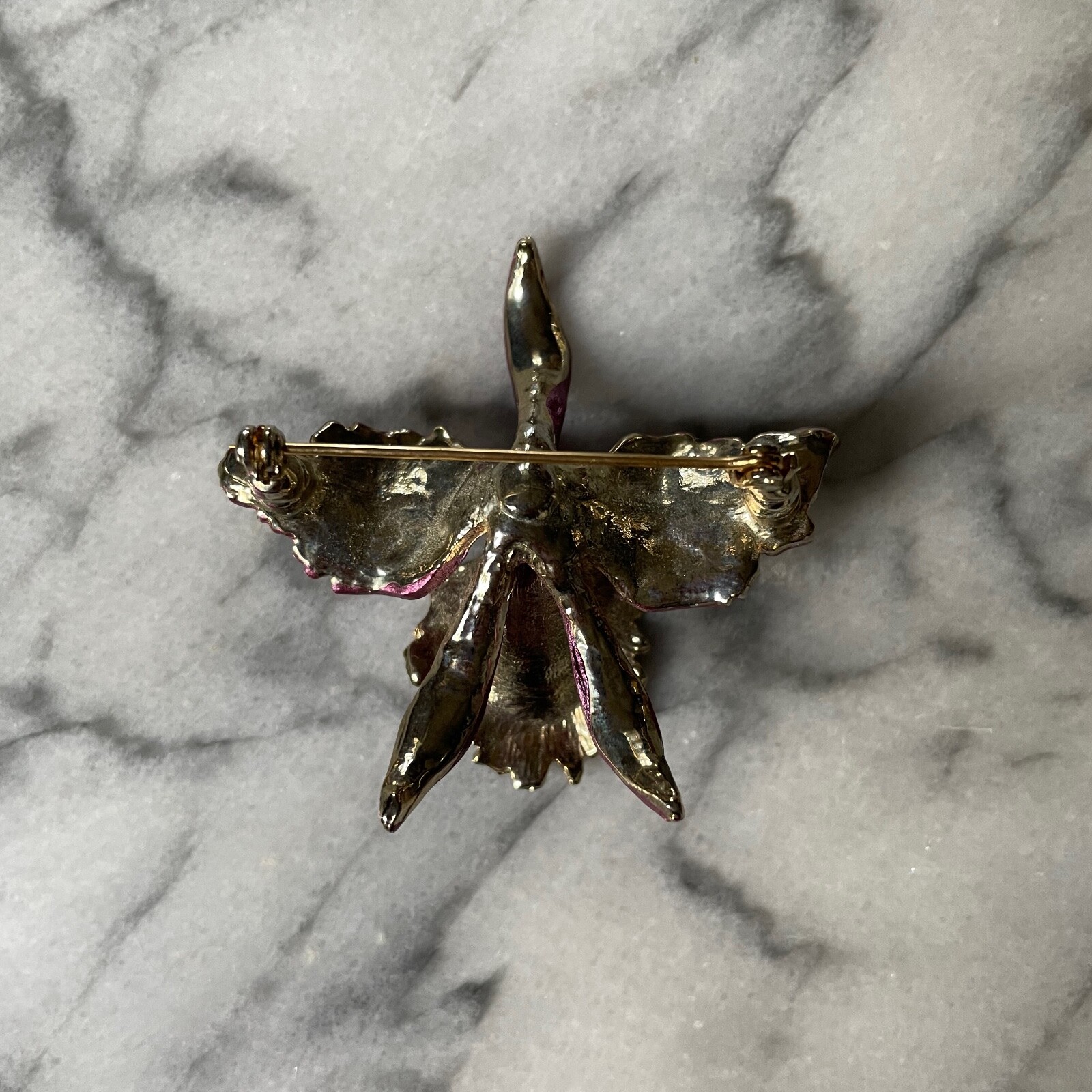 Orchid Brooch Purple and Gold Tone With Pearl EUC