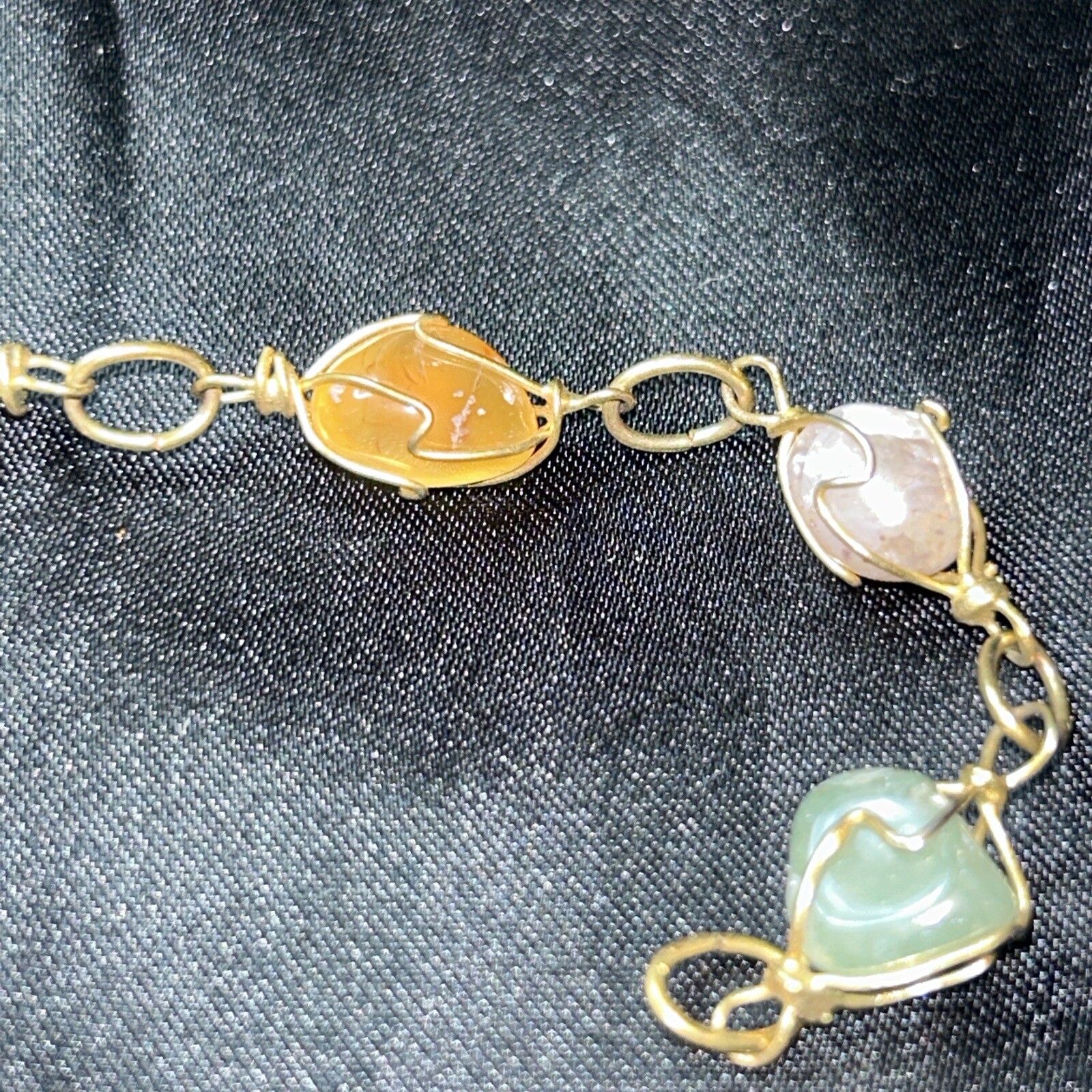Bracelet Wrap Wire Link Orange White Green Brown Stone Gold Tone Pinch Clip Vtg