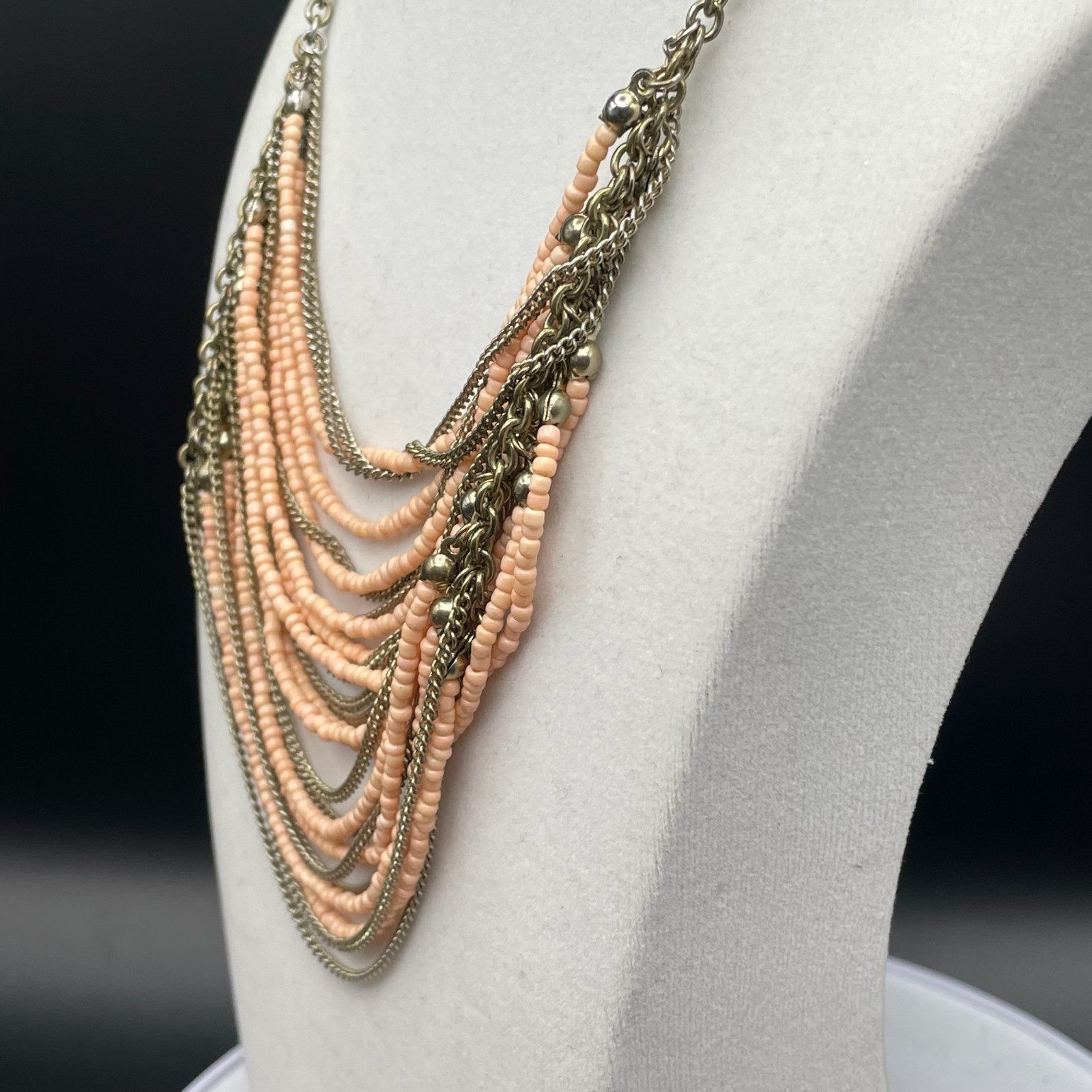 Vintage VTG Multistrand Collar Necklace Peach Seed Beads Brass Chain Aluminum