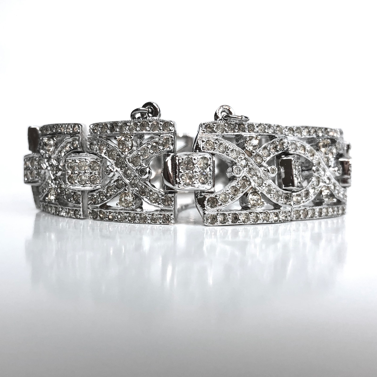 Vintage Art Deco Rhinestone Bracelet Geometric Panels Safety Chain Clasp