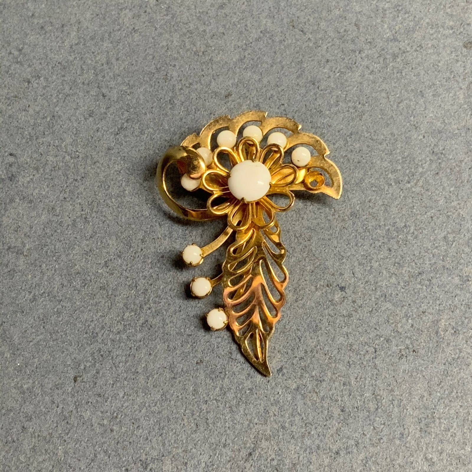 Vintage Abstract Floral Brooch Pin 3 In As Gold White Bead Retro Flower Glam