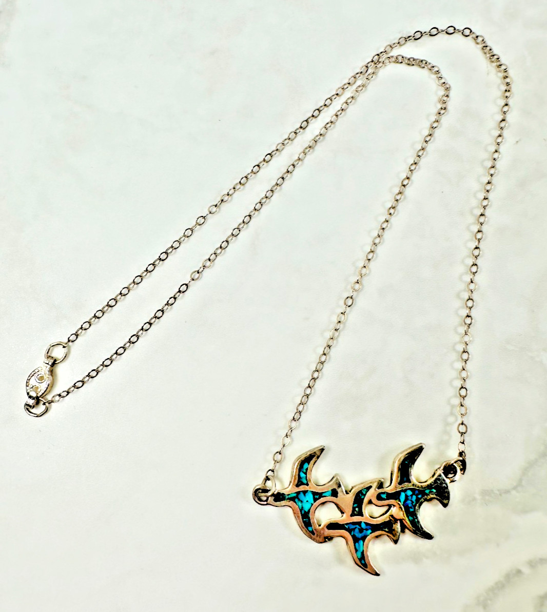 Sterling Silver Southwest Necklace-3 Flying Birds w/ Turquoise Chip Inlay-14″