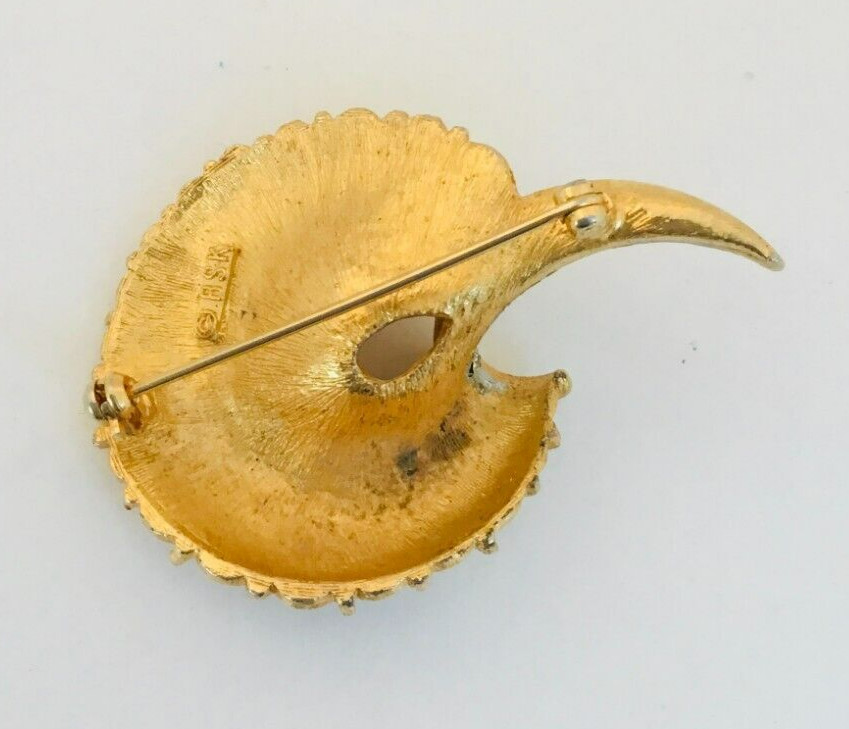 Vintage BSK Gold Tone Pave Rhinestone Cornucopia Shell Figural Brooch Pin