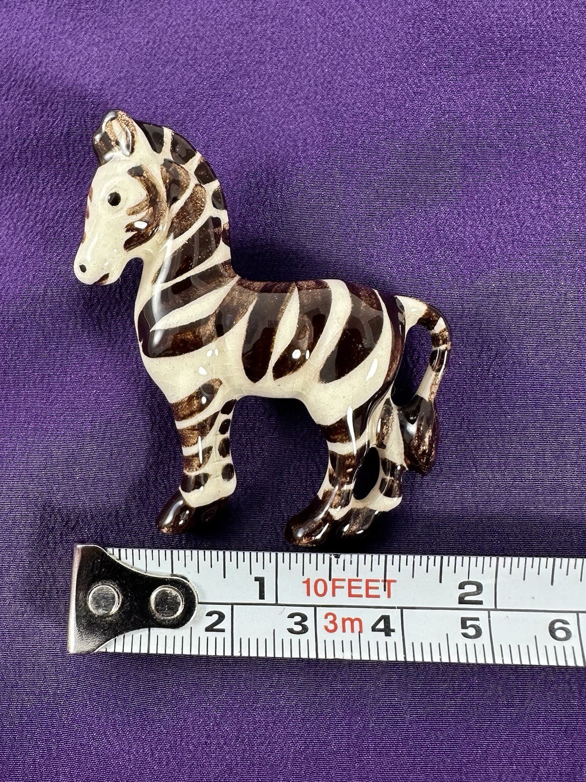 Vintage Beachstone Ceramic Zebra Brooch Pin Brown White