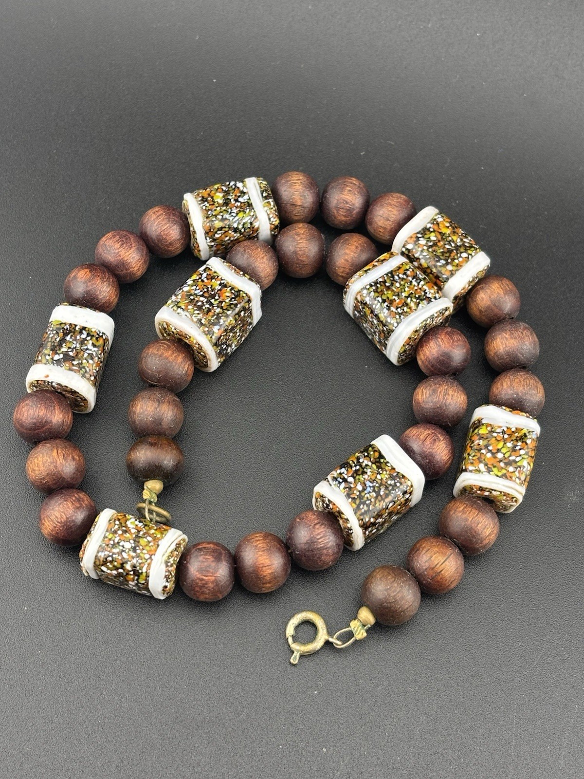 Ceramic Glazed Square White Brown Wooded Beaded VTG 16′ Necklace
