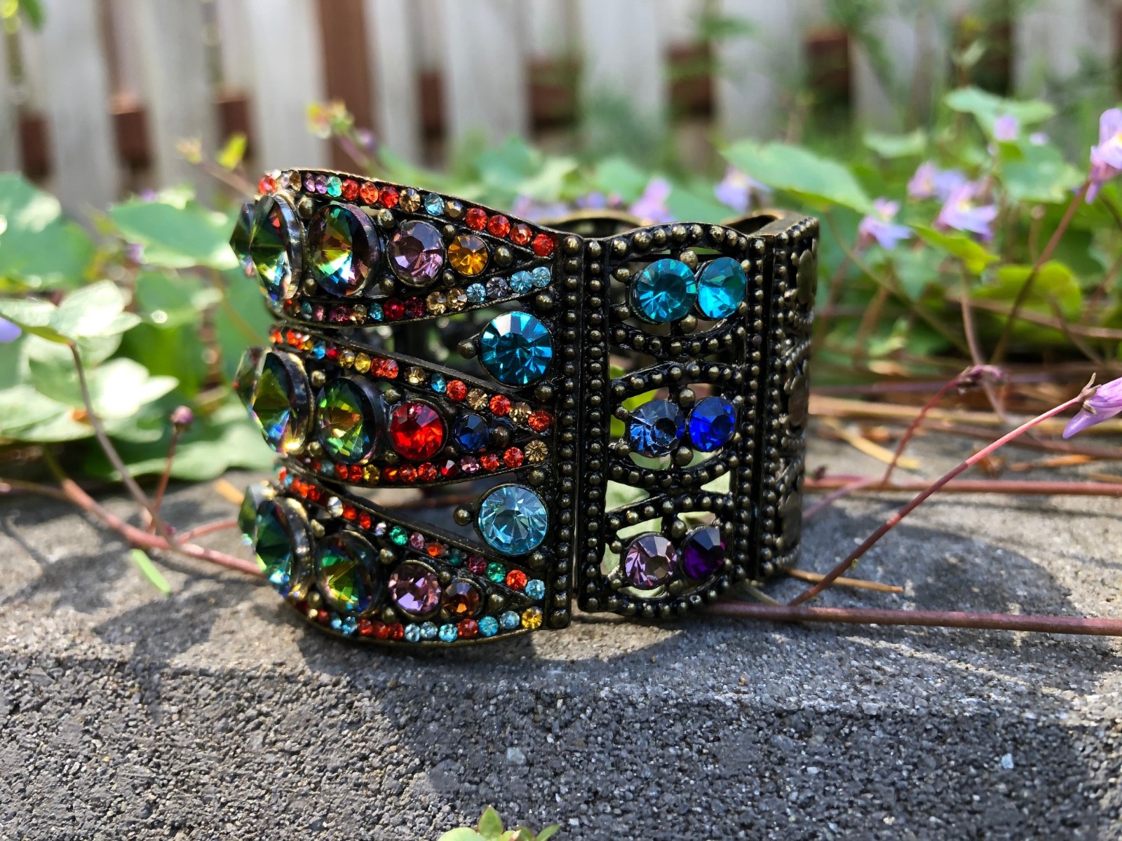 Vintage Multi-Color Crystals Cuff Bracelet w Bronze-Toned Finish – Swarovski