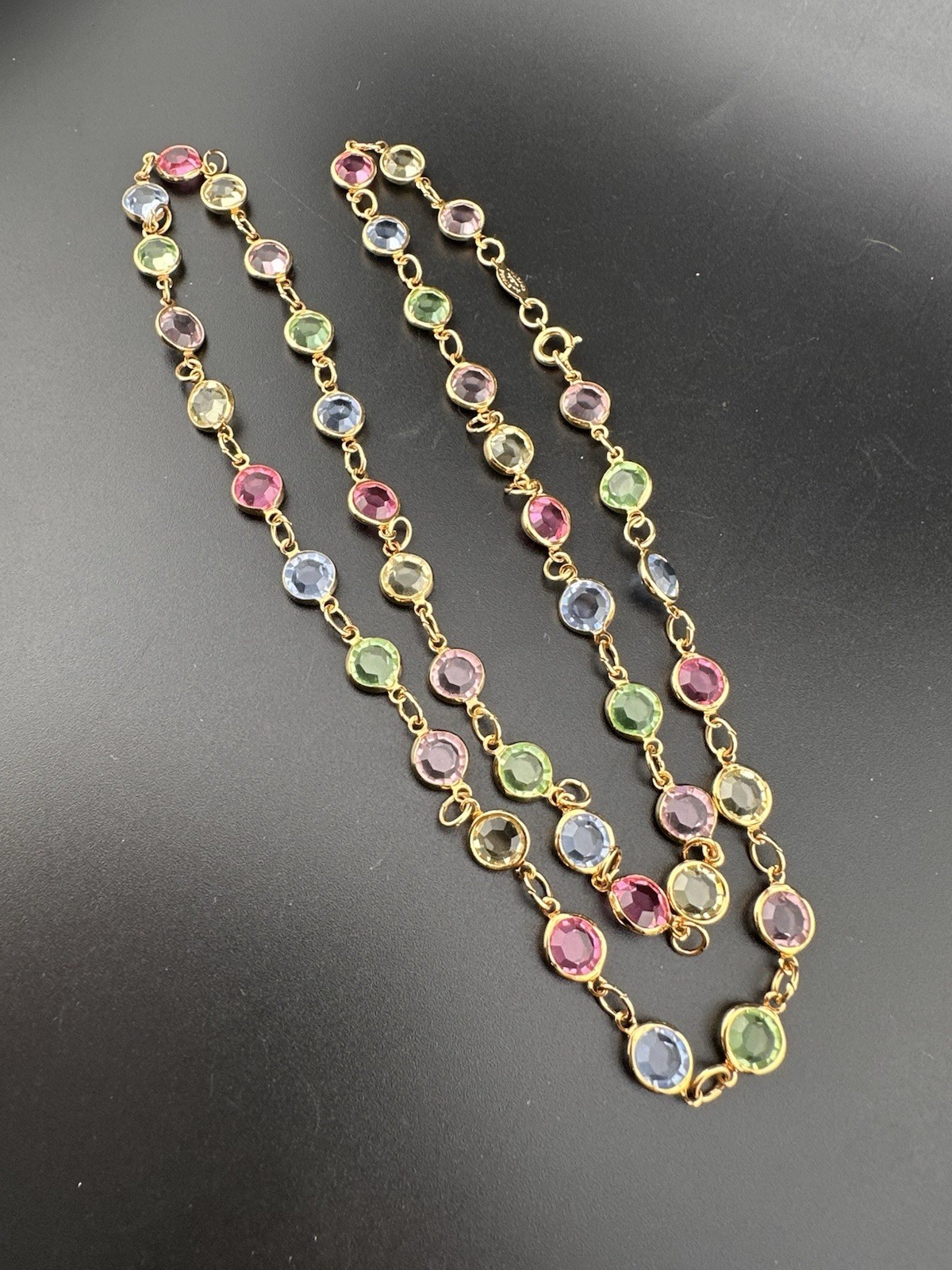 Rafaelian Vintage Long Necklace Open Bezel Austrian Crystal USA Multi-Color 30”