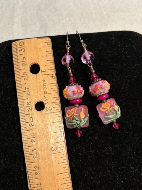 Vintage Artisan Boho Lampwork Glass Floral Dangle Pink And Green Earrings