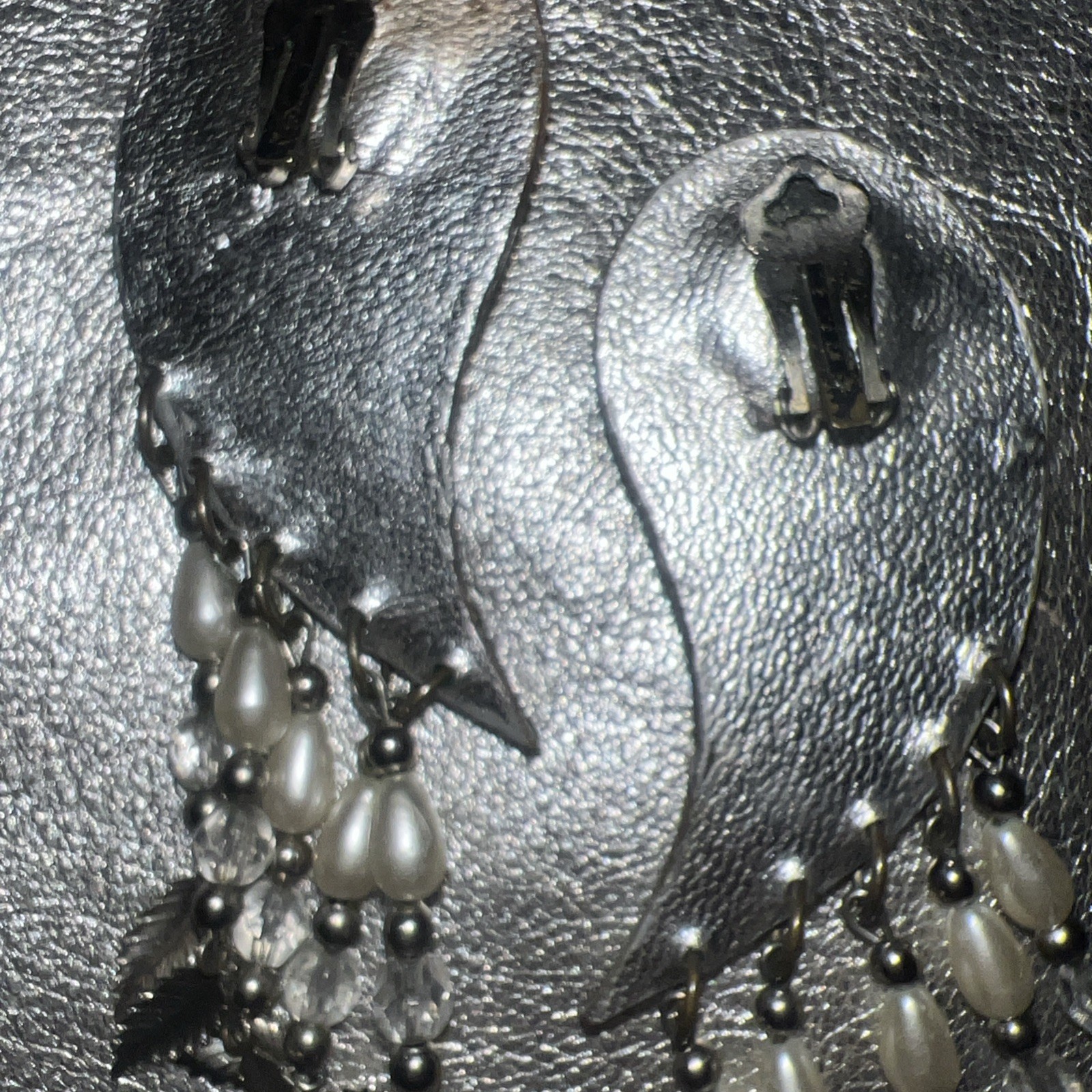 Vintage Silver leather Rhinestone And Pearl Lightweight Clip On Paisley Earrings