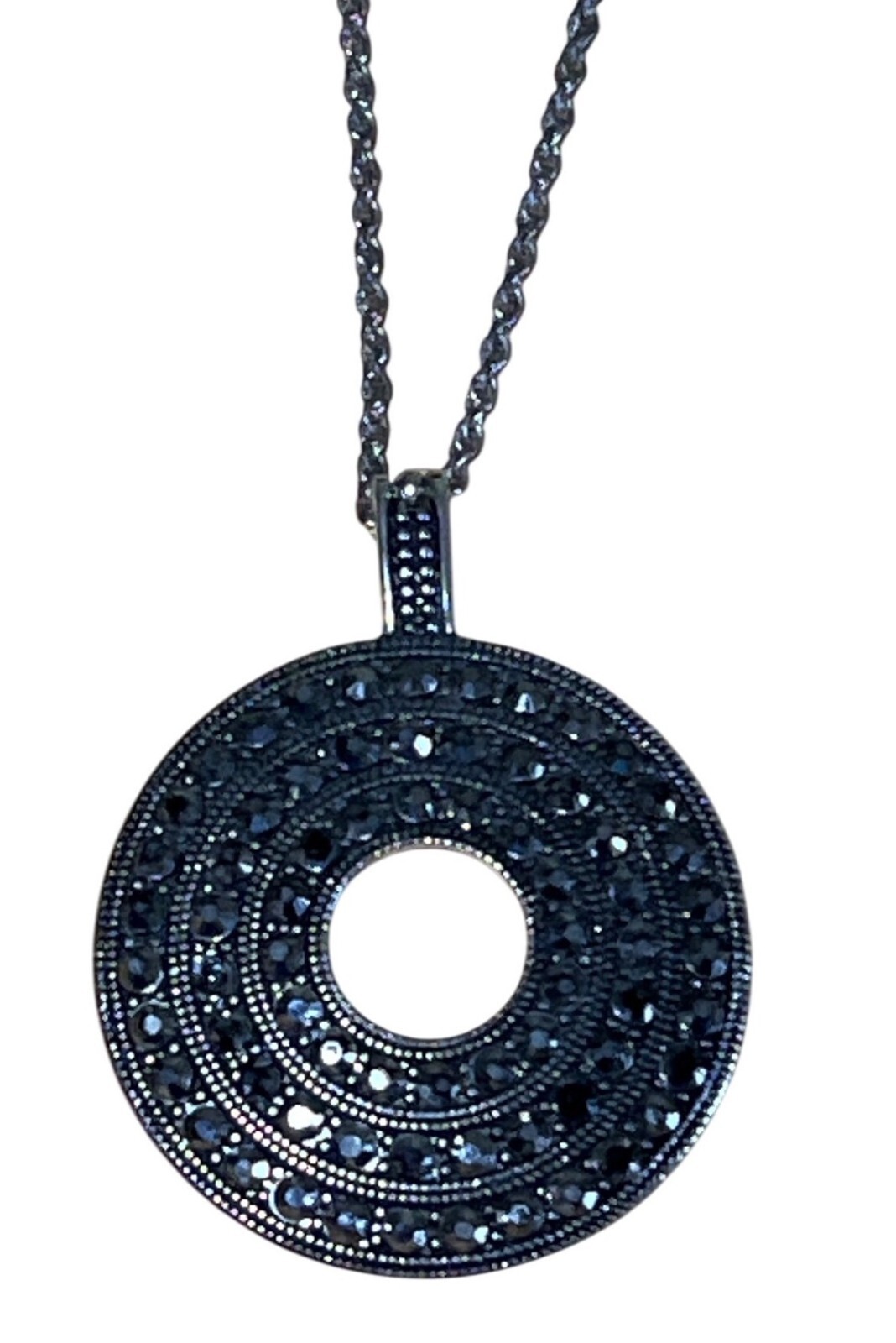 Vintage Black Circle Pendant Necklace With Rhinestones Silver-Tone Chain Gift