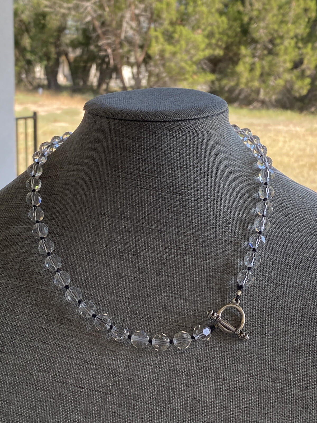 Necklace Faceted Crystal Glass Beads Clear Black Thread Knotted Artisan 21”