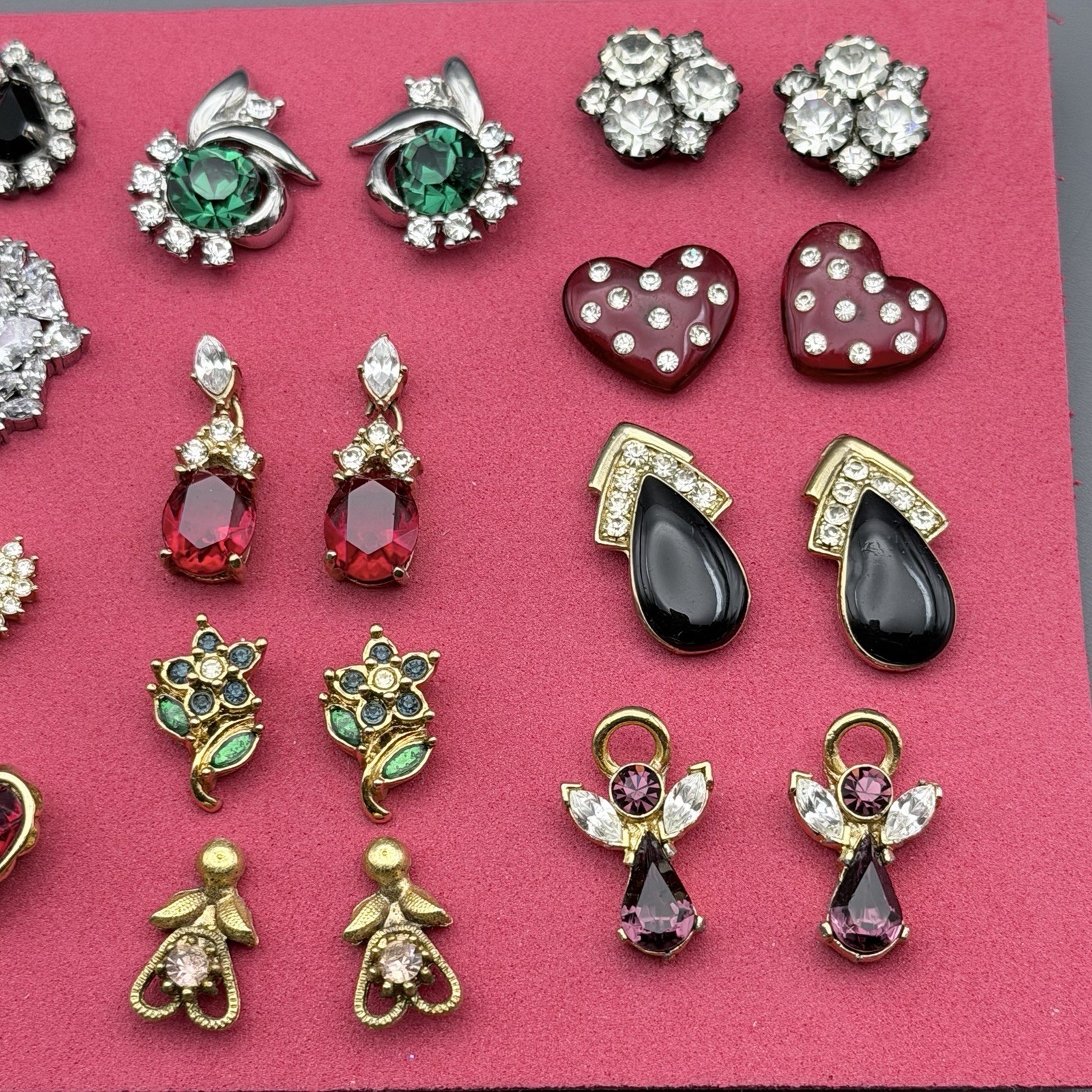 Vintage Small Rhinestone Post Earrings Lot Of 12 Floral Hearts Red Green Clear