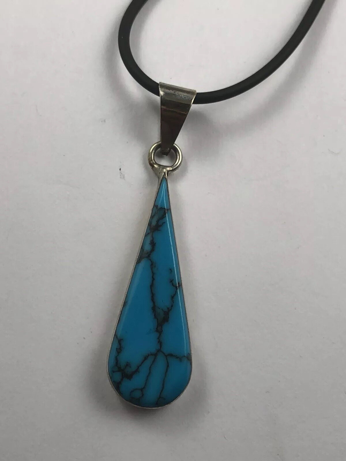 Vintage Sterling Silvet Turqouse Drop Necklace Rubber Choker
