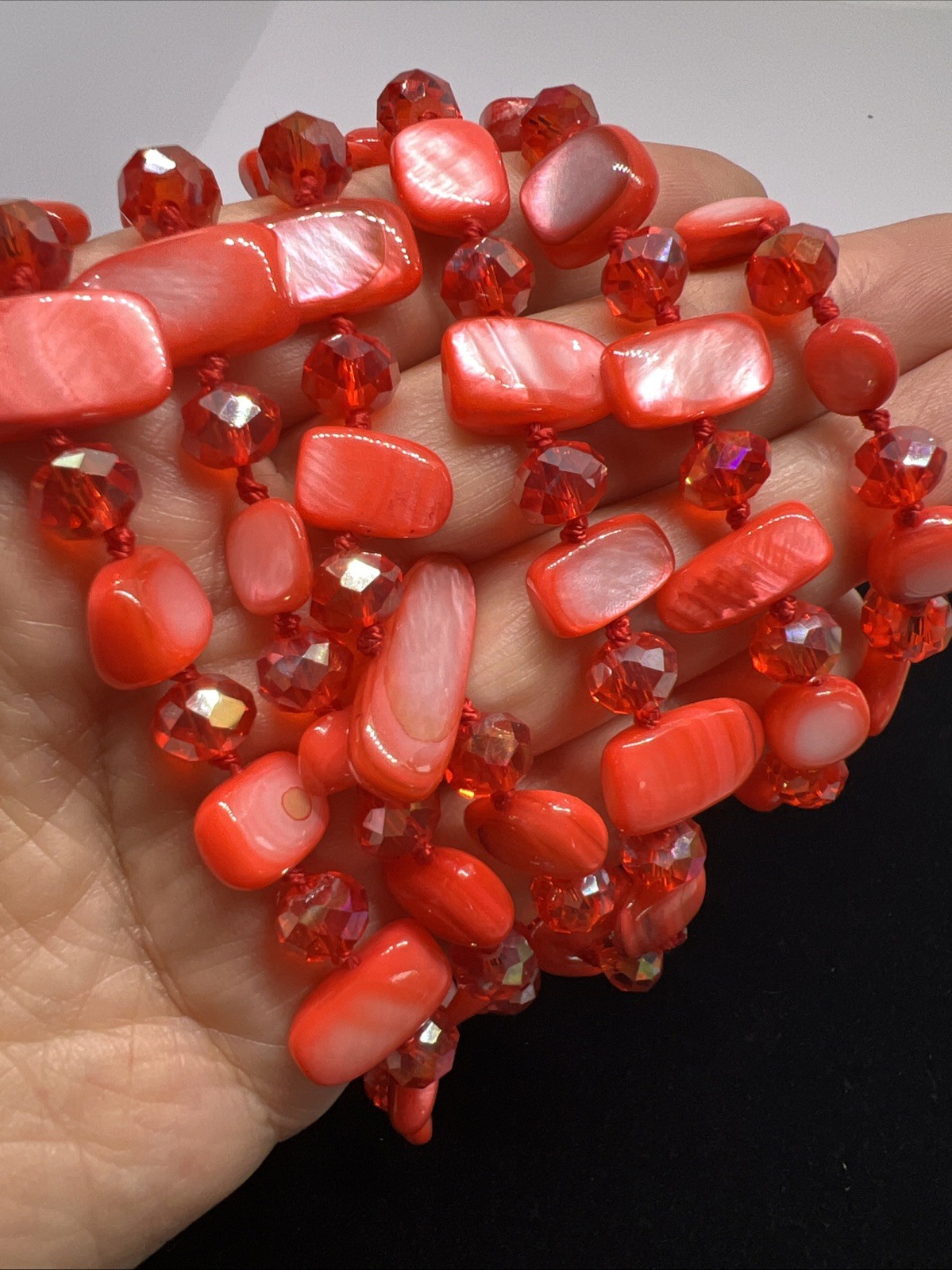 BEAUTIFUL RED MOP GLASS FACETED CRYSTAL 50” NECKLACE