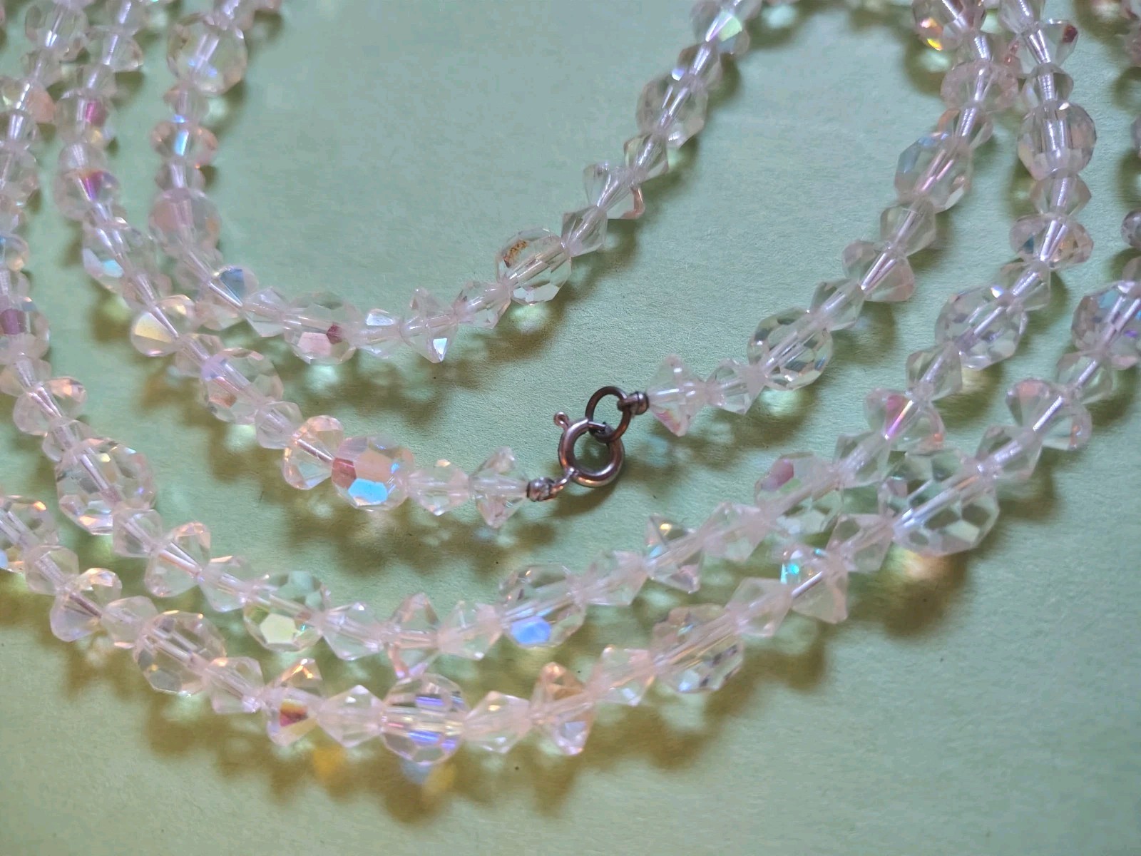Vintage VERY LONG Faceted CLEAR CRYSTALS Beaded Chain Necklace