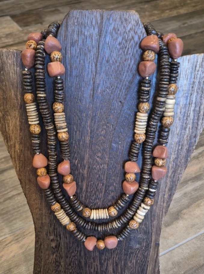 Vtg Artisan Handcrafted Triple Strand Earth Tone Beaded Necklace, Hook Closure