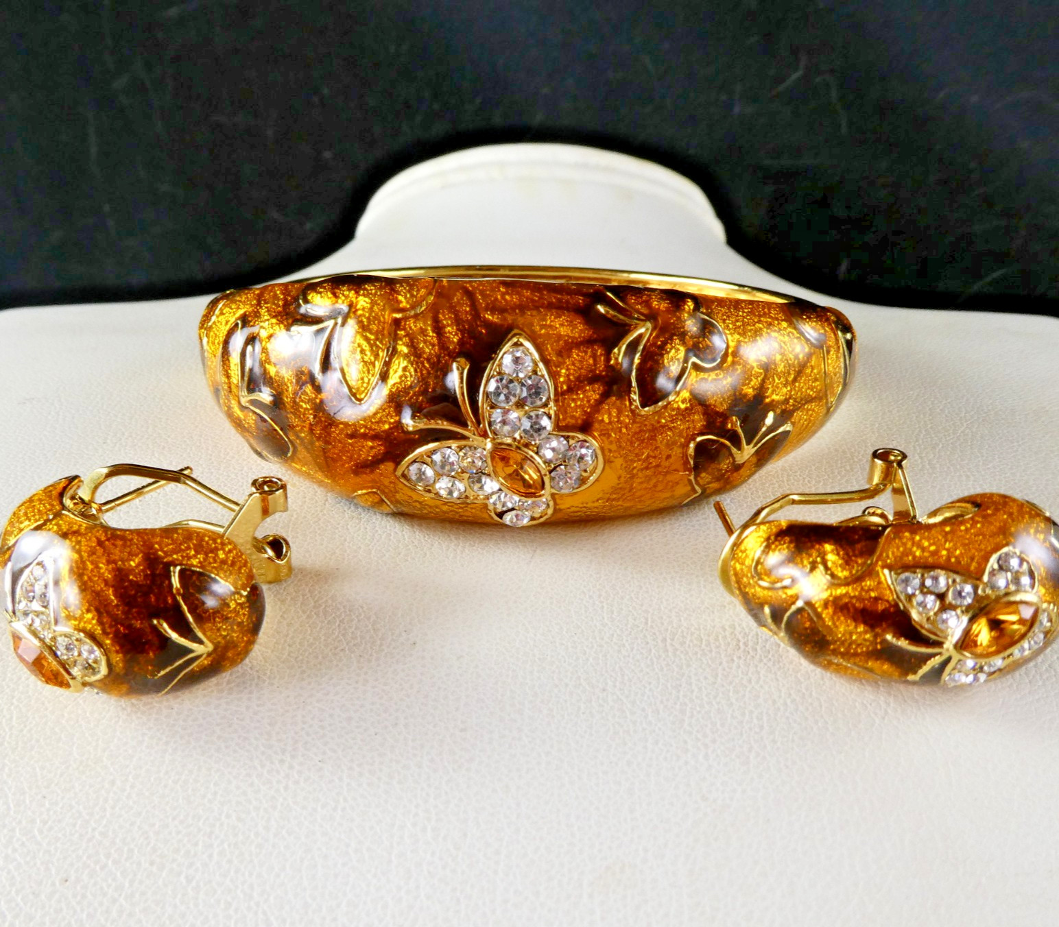 Bracelet & Earrings SET Orange Enamel Crystal Butterfly Fall Colors Signed FL
