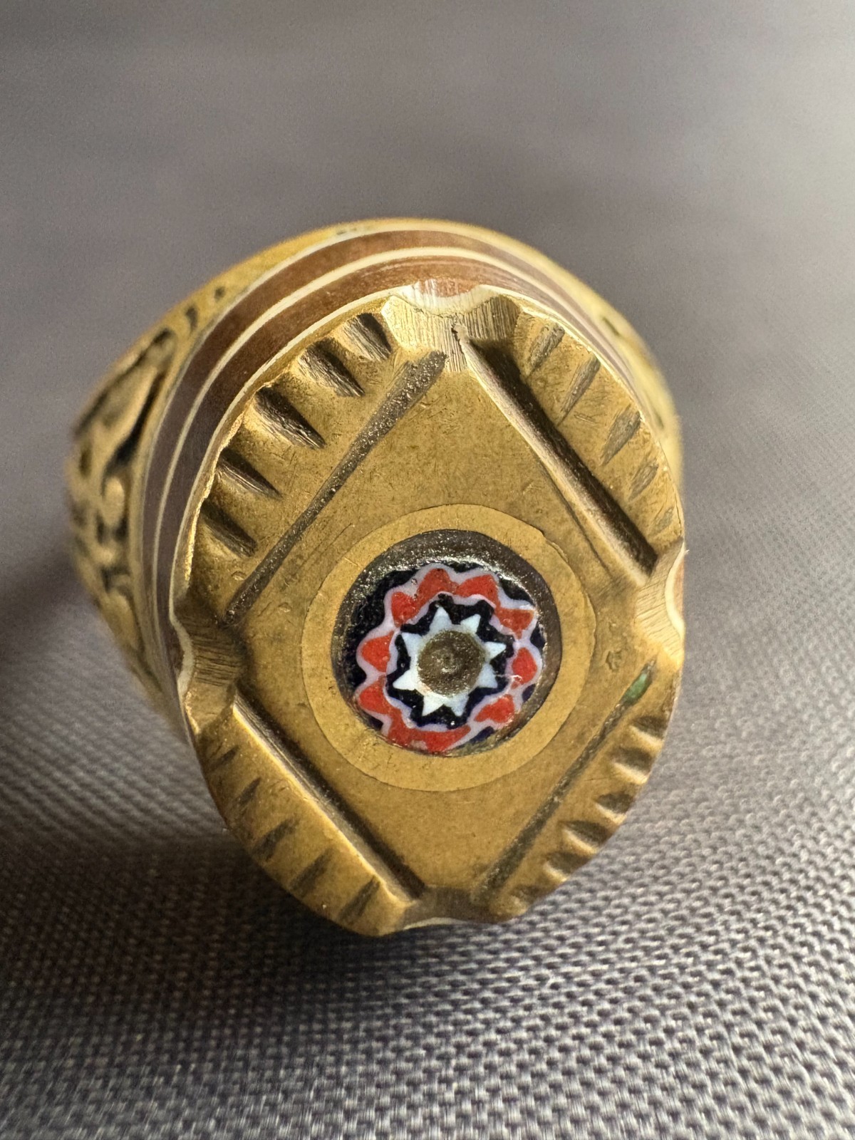 Handmade Tuareg Brass Ring Geometric Patterns & Rosette Motif Ring Size 11 US