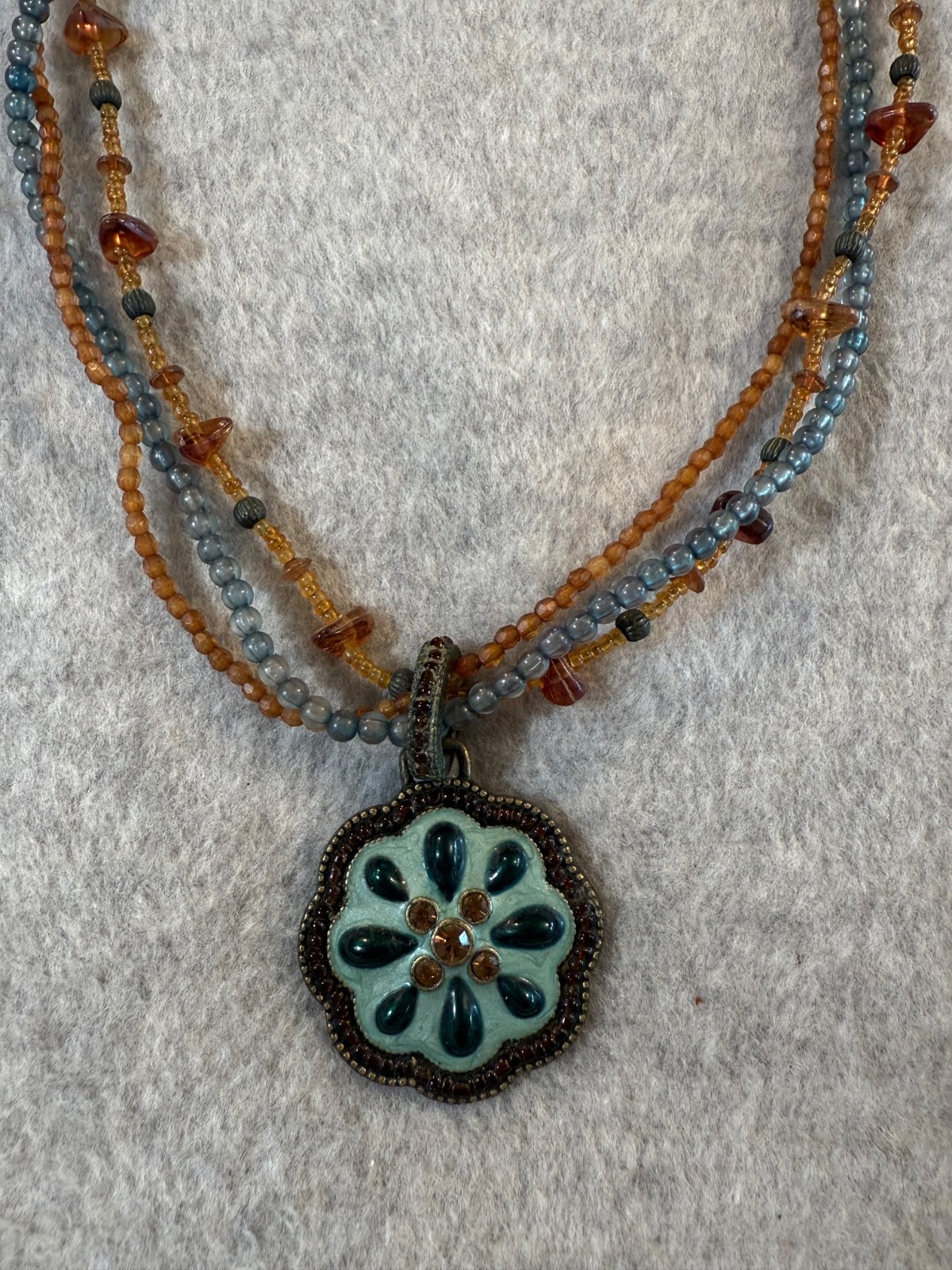 Vintage Medallion Turquoise Green Amber Bead Medallion Pendant Necklace 21”