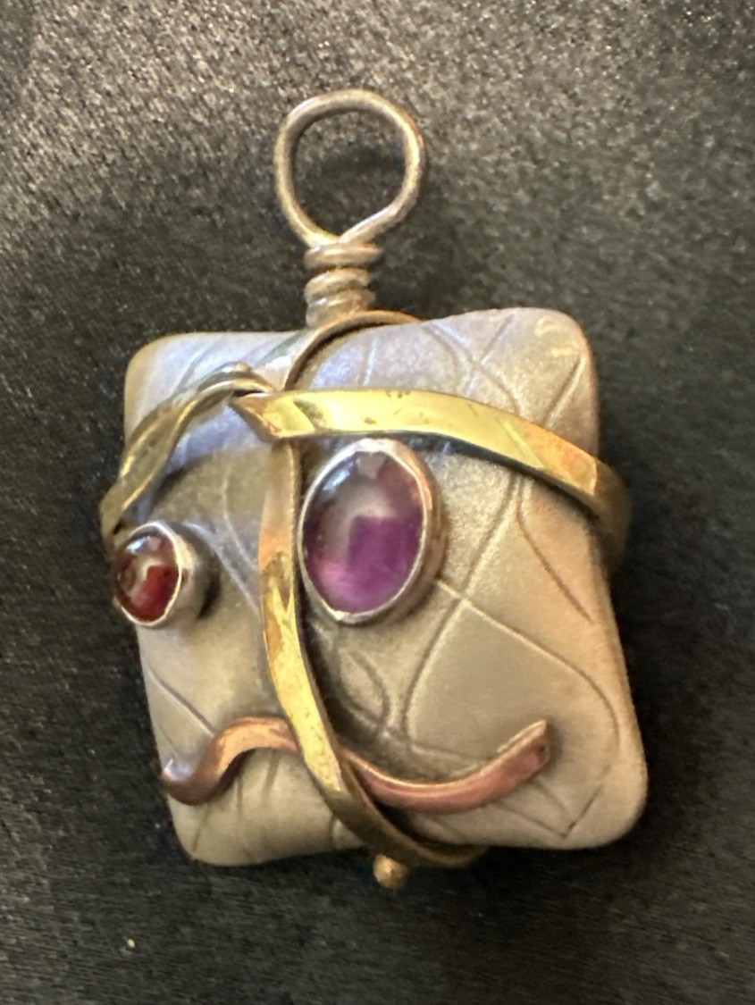 SMB Artesian Signed Sterling Silver, Multi-Metal & Gem 3-D Pendant 1”square