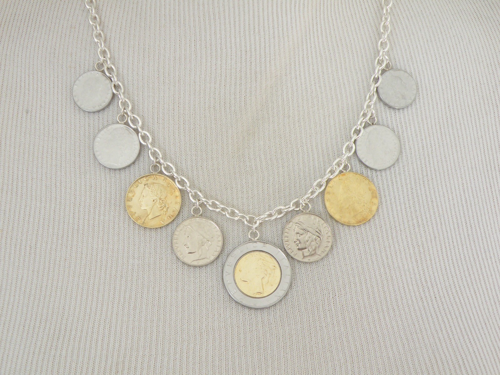 Milor Italy Sterling Silver 925 Italian Coin Charm Rolo Link Heavy Necklace 20″