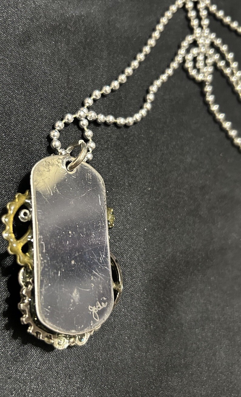 Vtg Faith Necklace Statement Pendant 14” Drop Rhinestones Handmade Brutalist