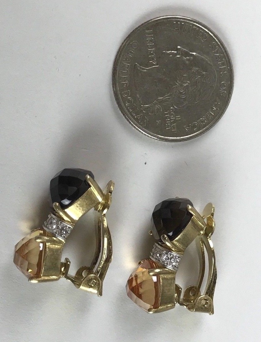 Vintage Yellow Gold Costume Brown Peach Rhinestone Clip Earring