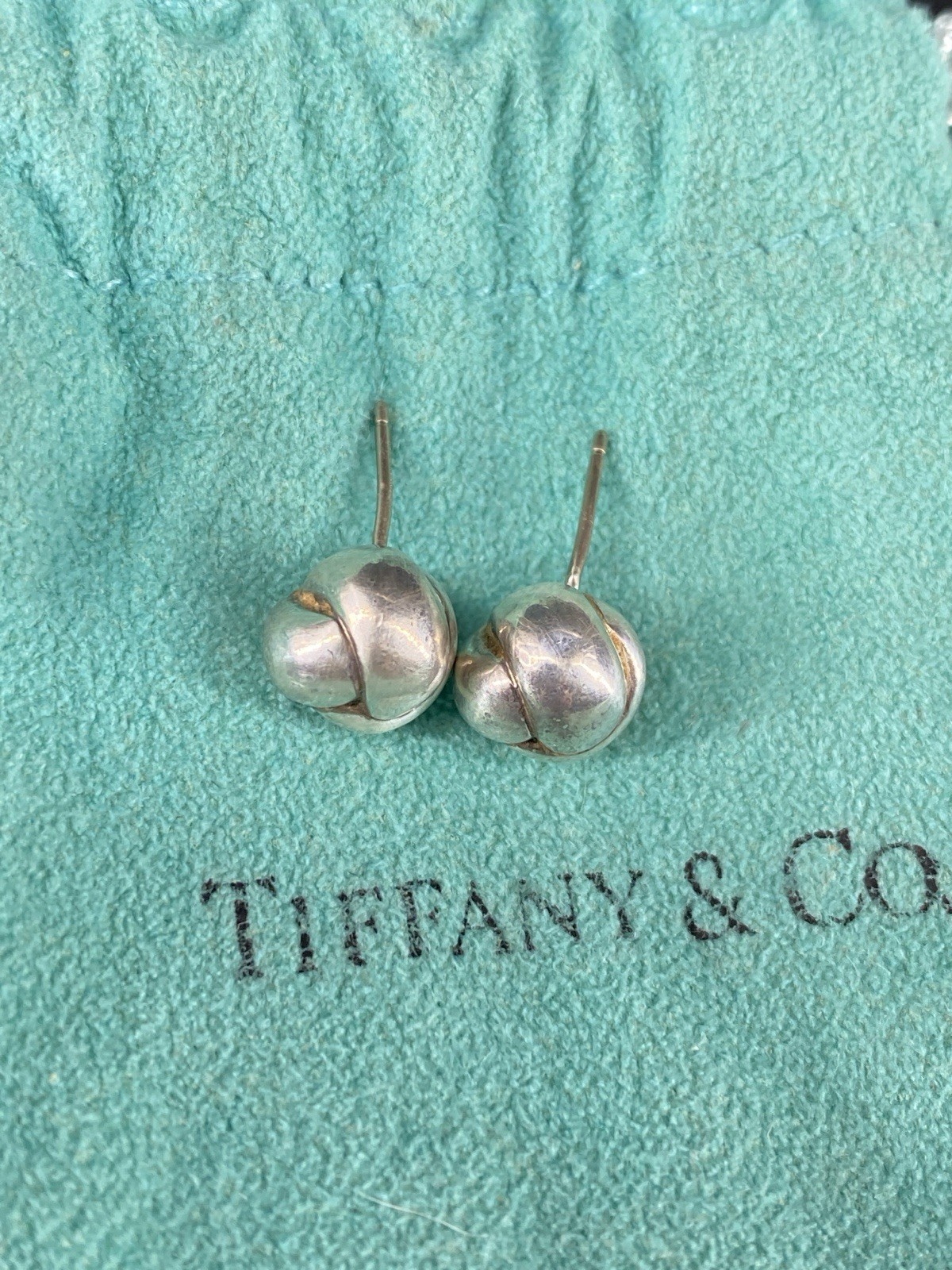 Tiffany & Co 925 Sterling Silver Twist Knot Love Ball Stud Earrings w/ Pouch