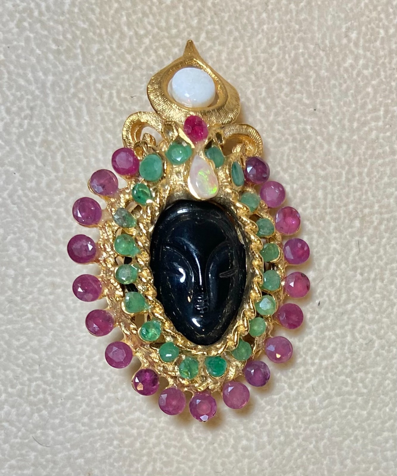 AUTHENTIC SWOBODA BLACKAMOOR BROOCH ~ GENUINE RUBY, EMERALD, OPAL!