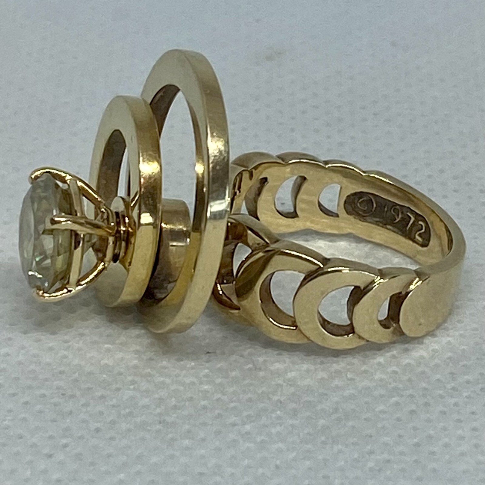 Vintage Norman Teufel 14 Karat Gold & Simulated Diamond Spinner Ring, circa 1972
