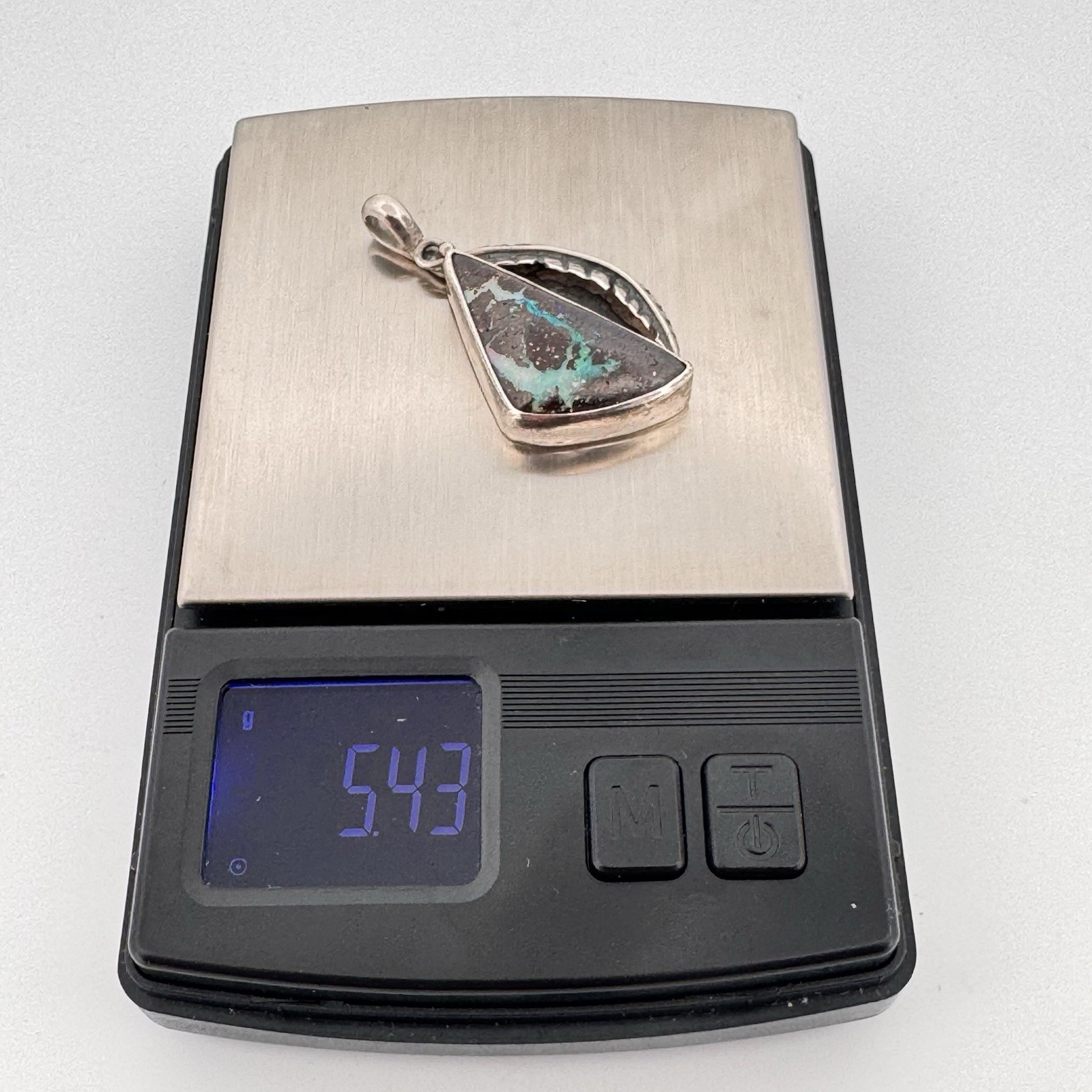 Signed RS Sterling Silver Boulder Opal Pendant Blue Green Purple Flash Artisan