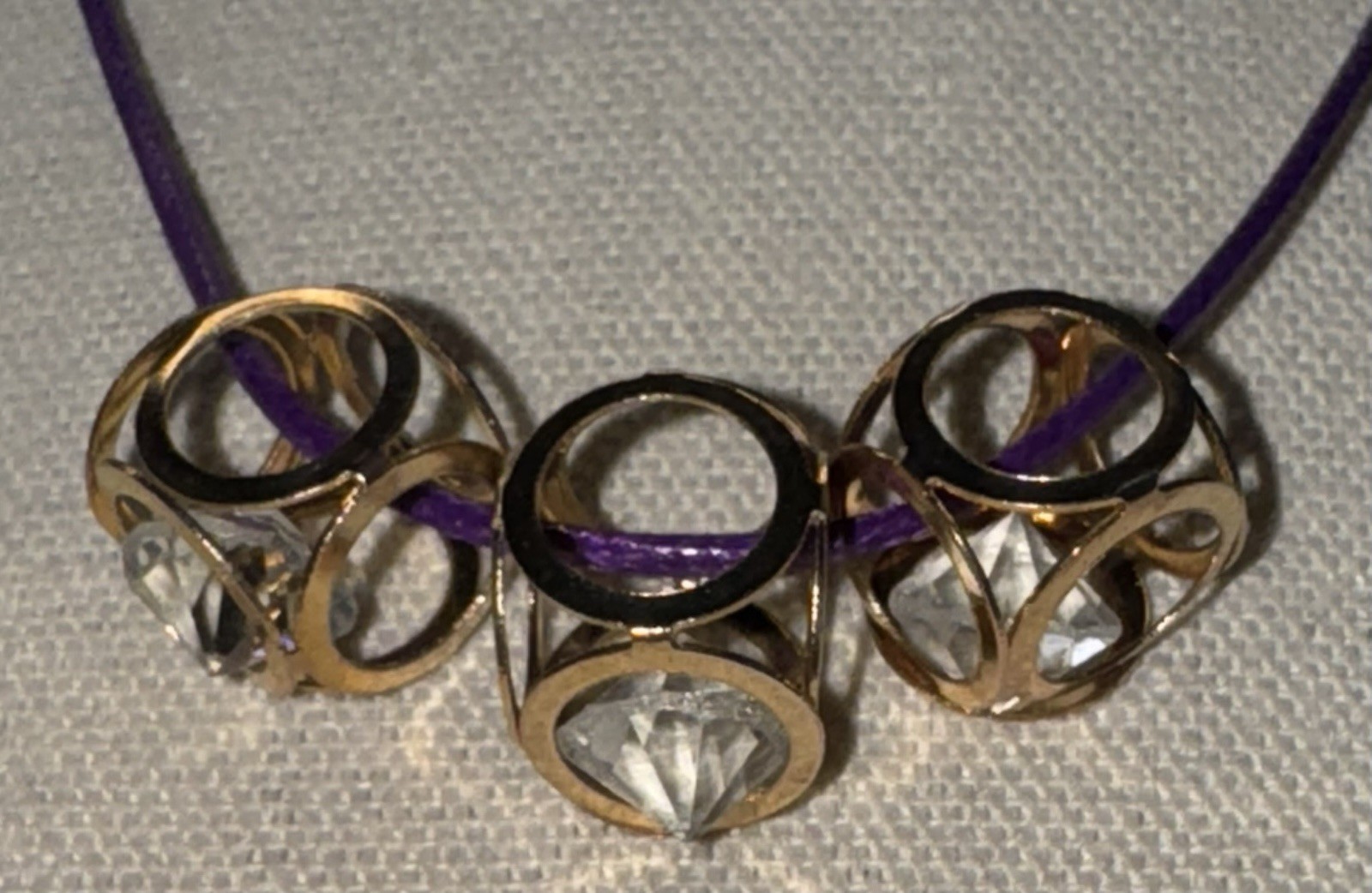 Vintage 1970’s Goldtone & Glass Gem 3 Cube Pendant On Purple Cord Necklace