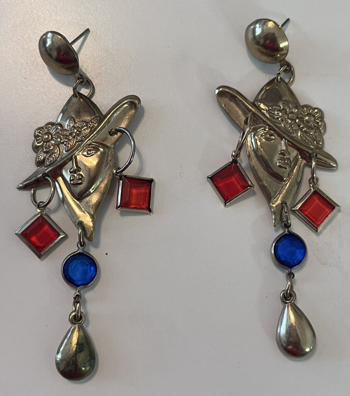 Unique Hat Lady Earrings with Red & Blue Bezel set accents