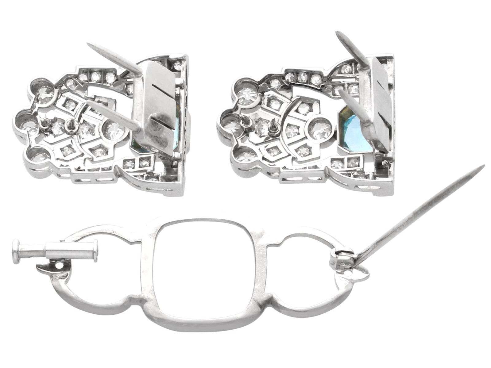 1.52Ct Aquamarine and 2.92Ct Diamond, 18k White Gold Double Clip Brooch