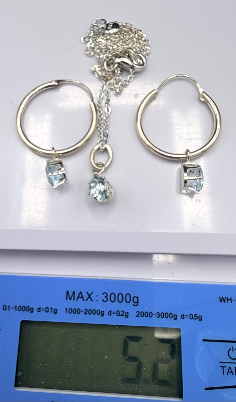 Vintage Sterling Silver Blue Topaz Hoop Earrings & Pendant Set w Kit Heath Chain