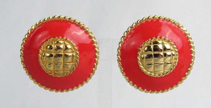 Vintage Gay Boyer Red Coral Enamel Gold Metal Braided Trim Clip Earrings – NICE!