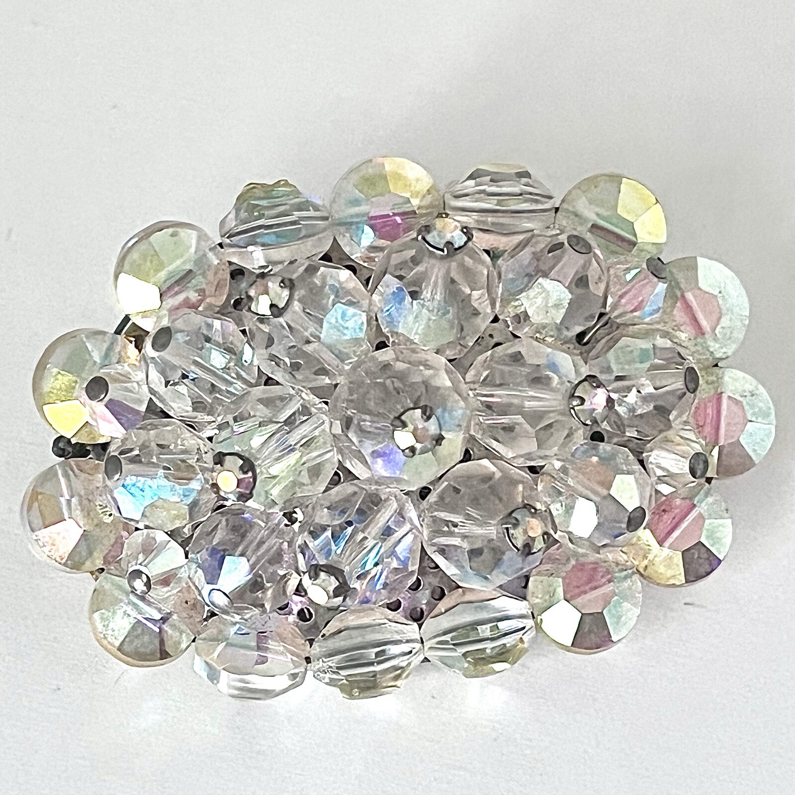 MCM AB Rhinestone Brooch Aurora Borealis Crystal Bead Cluster Prong-Set Pin