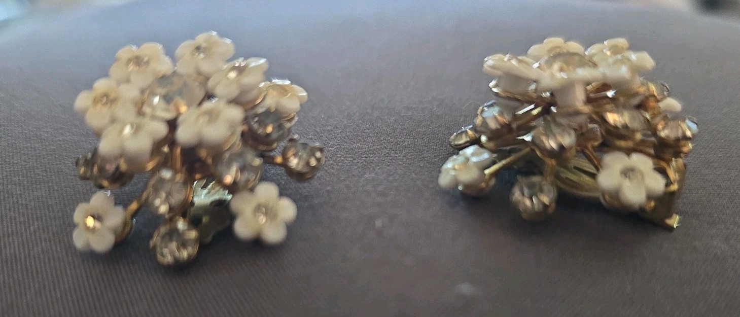 Vintage Enameled Painted Flowers Rhinestone Necklace Bracelet Earring Set