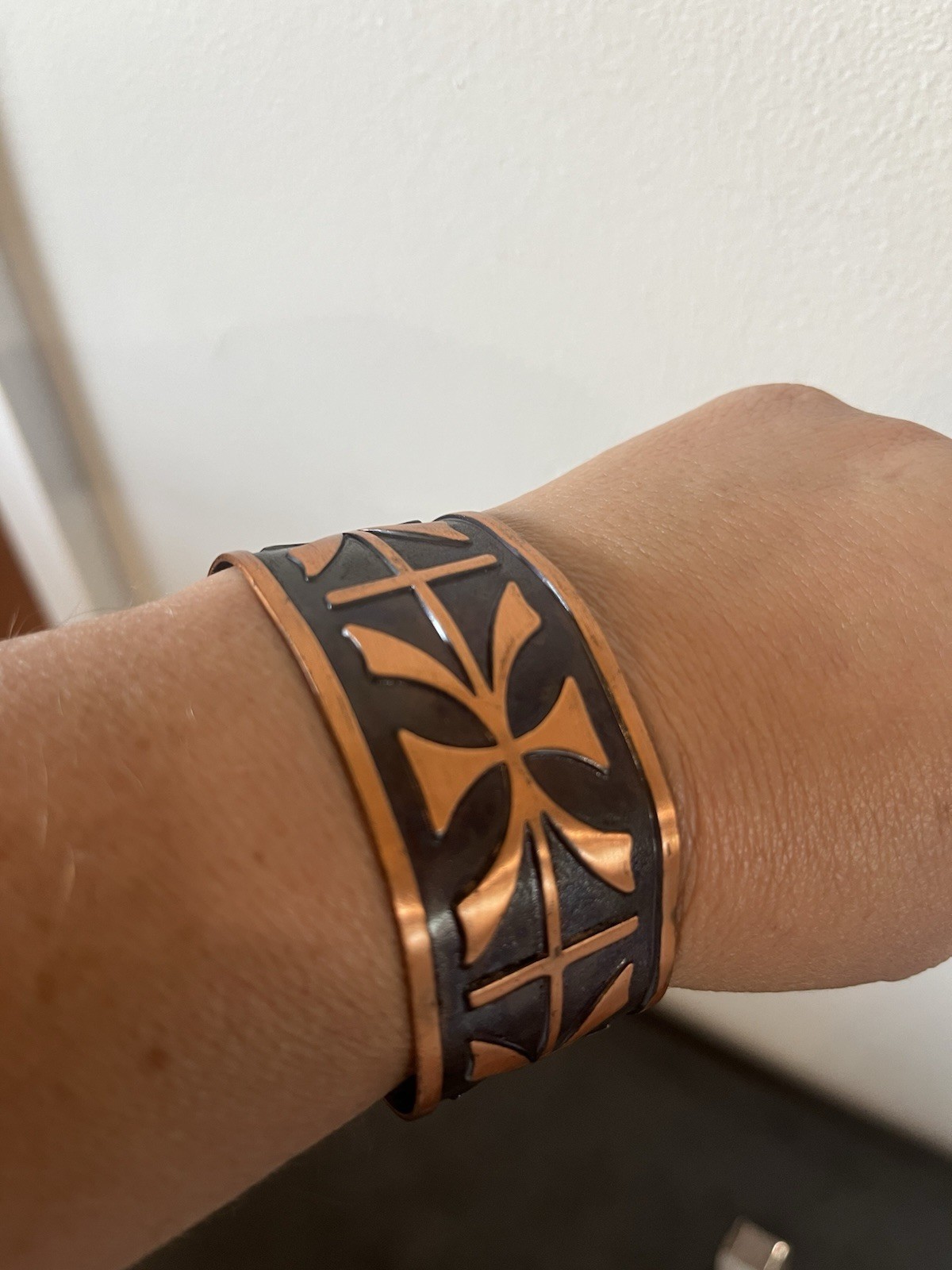 Bell Solid Copper Sterling 925 Joy Mex Turquoise Inlay Aztec Cuff Bracelet Vtg