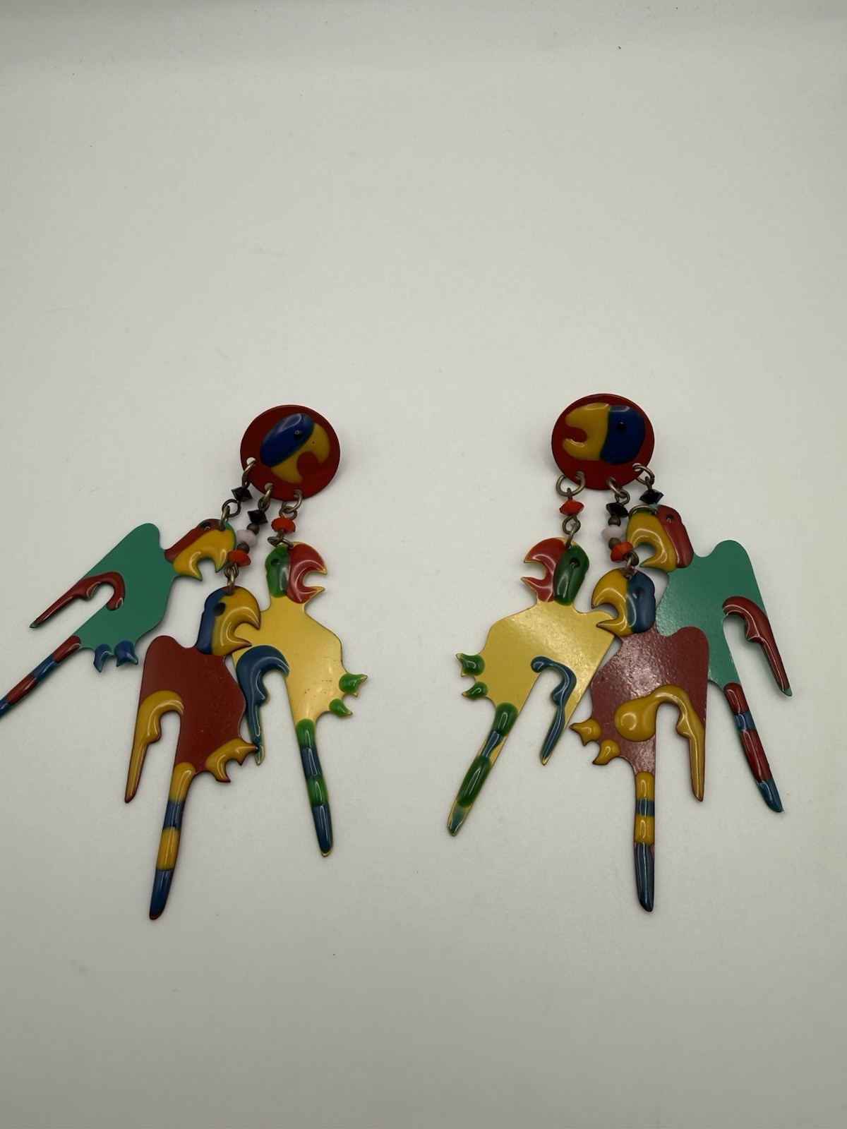 Vintage Dangle Enameled Parrot Earrings 4”
