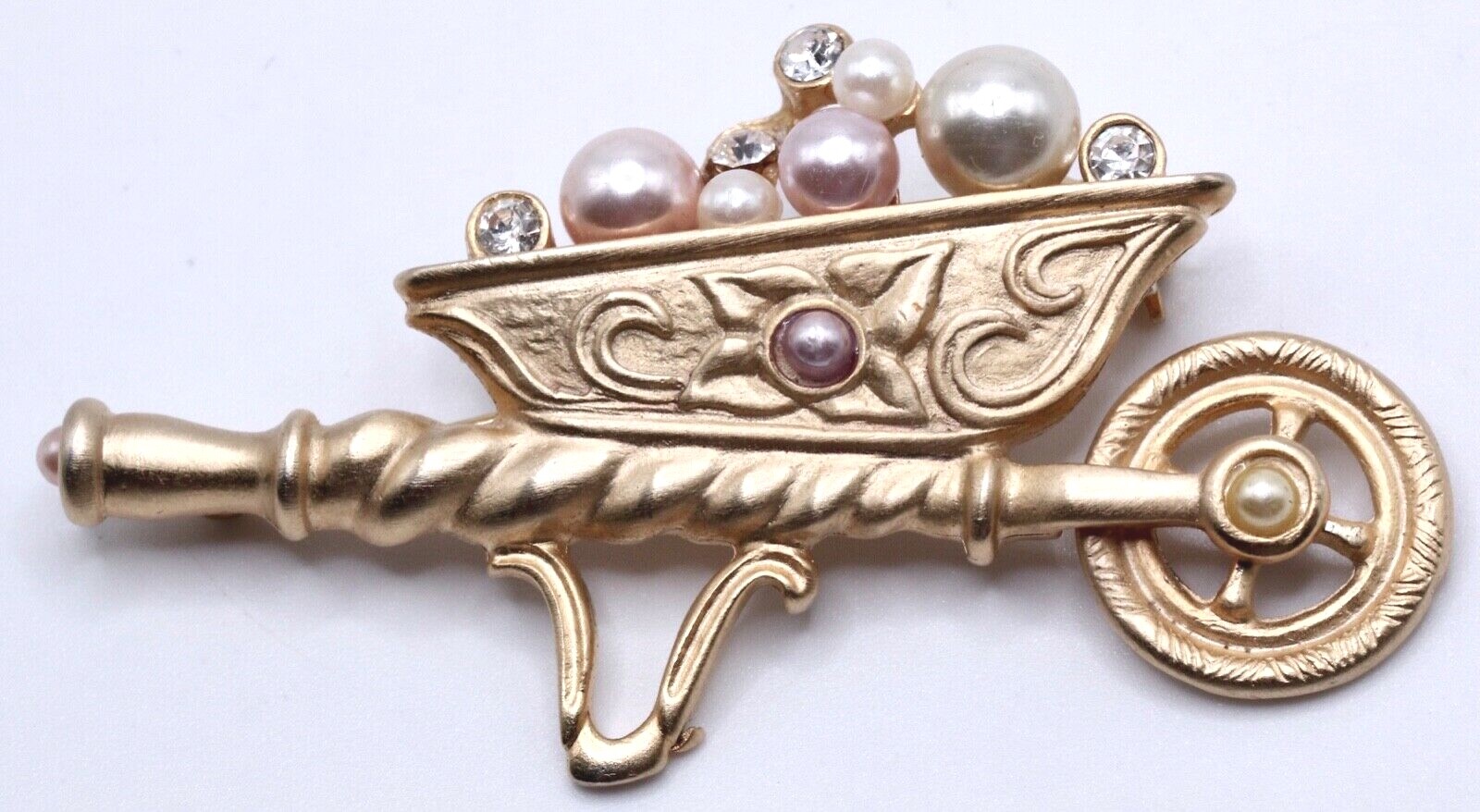 1928 Jewelry Vintage Style Wheelbarrow Brooch Pin Faux Pearl Pink White Crystal
