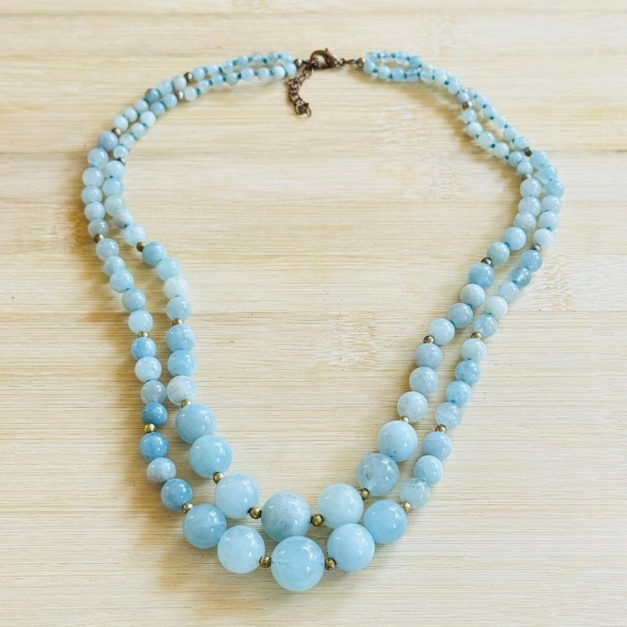 VTG AquaMarine Double strand Necklace Collar Beaded Round genuine Natural 19″