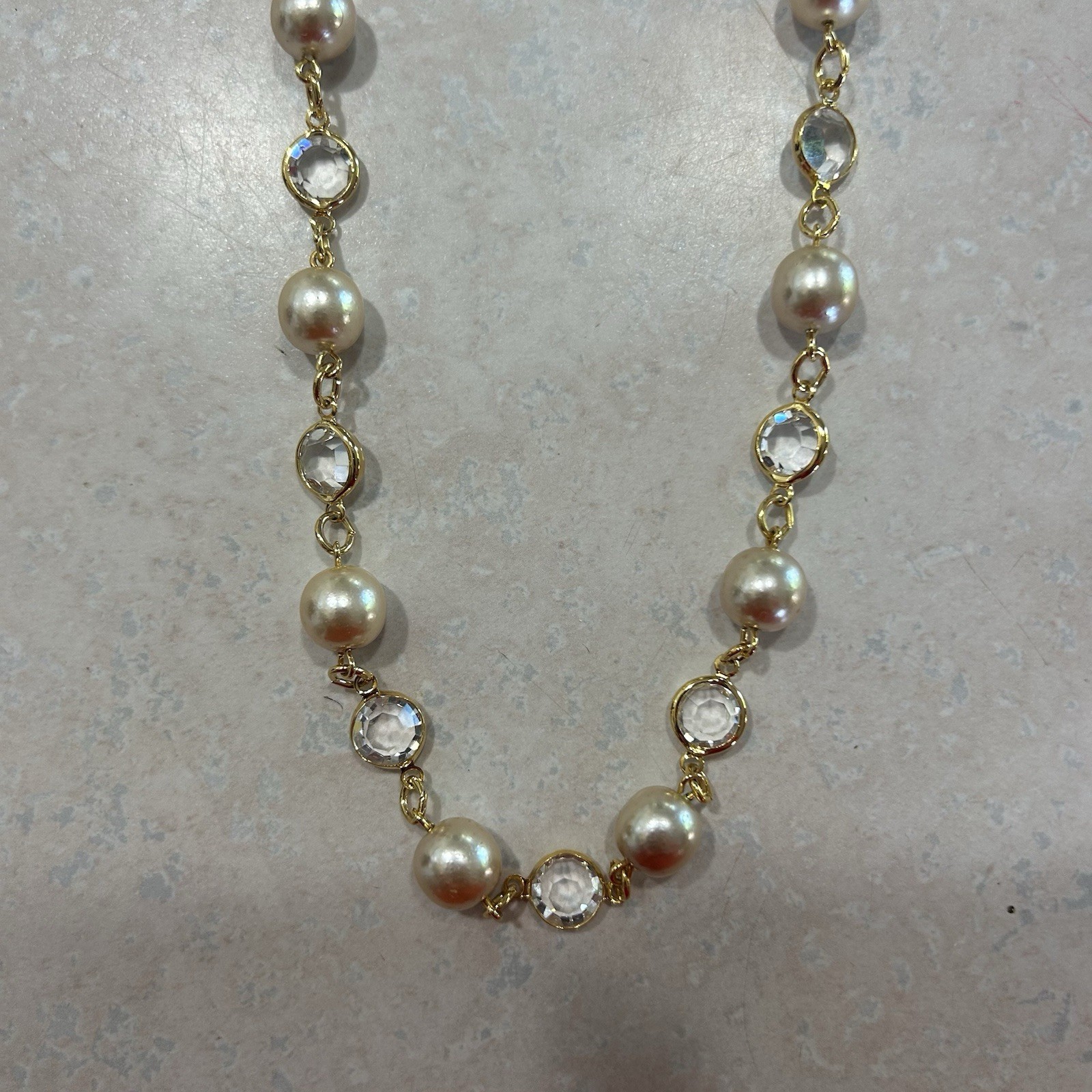 Vintage Austrian Crystal Necklace Bezel Gold Bead Signed 35” USA Made
