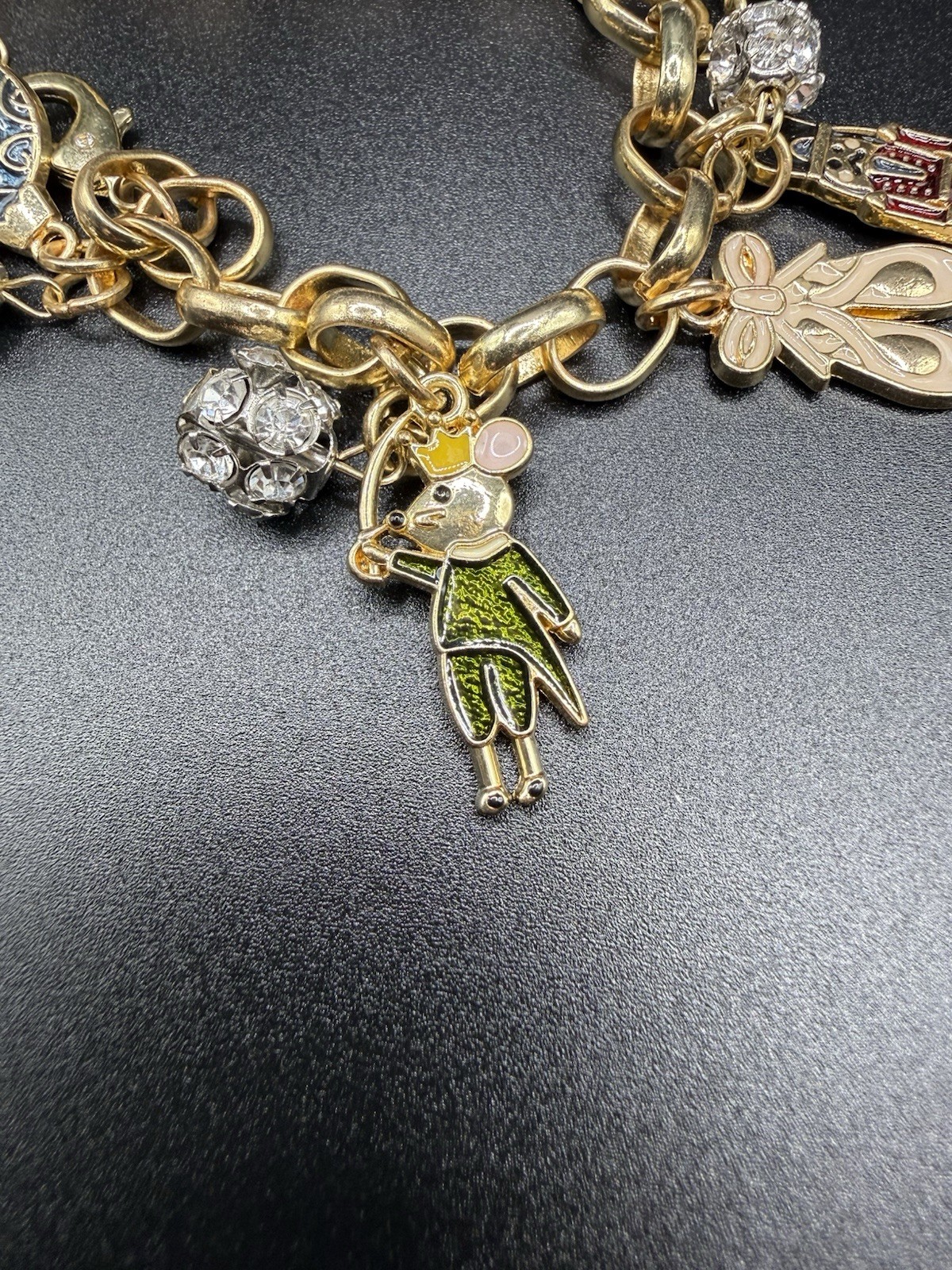 Vintage Christmas Nutcracker Charm Bracelet Enamel Rhinestone Gold Tone 7-9”
